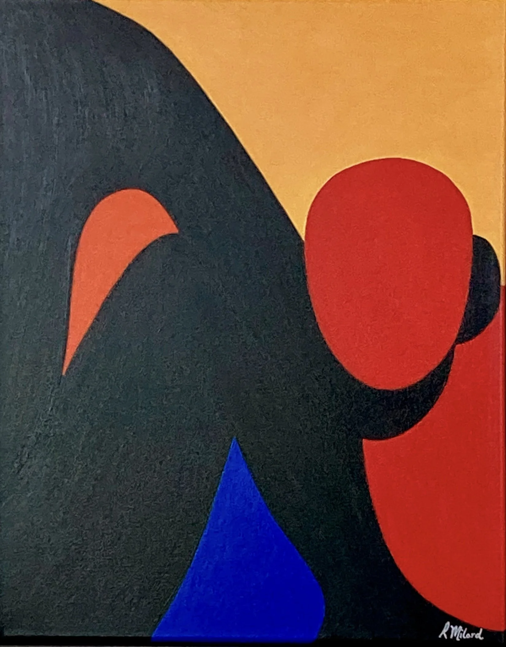 Abstract art with bold shapes and colors including black, red, orange, and blue, featuring large circular forms and curved lines.
