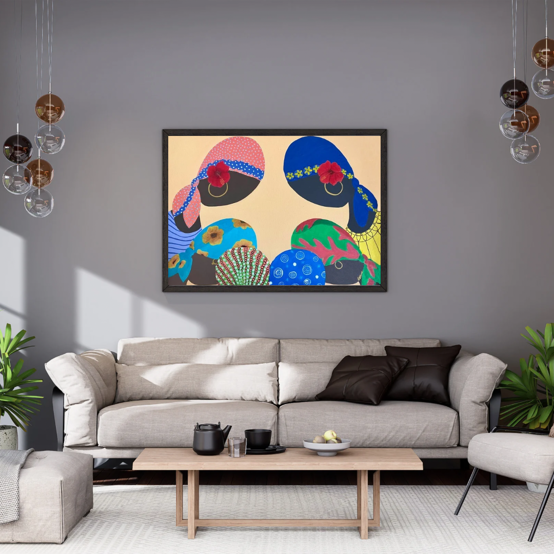 A  a colorful artwork of black women with patterned headscarves reminiscent of the Caribbean is hanging in a iiving room.