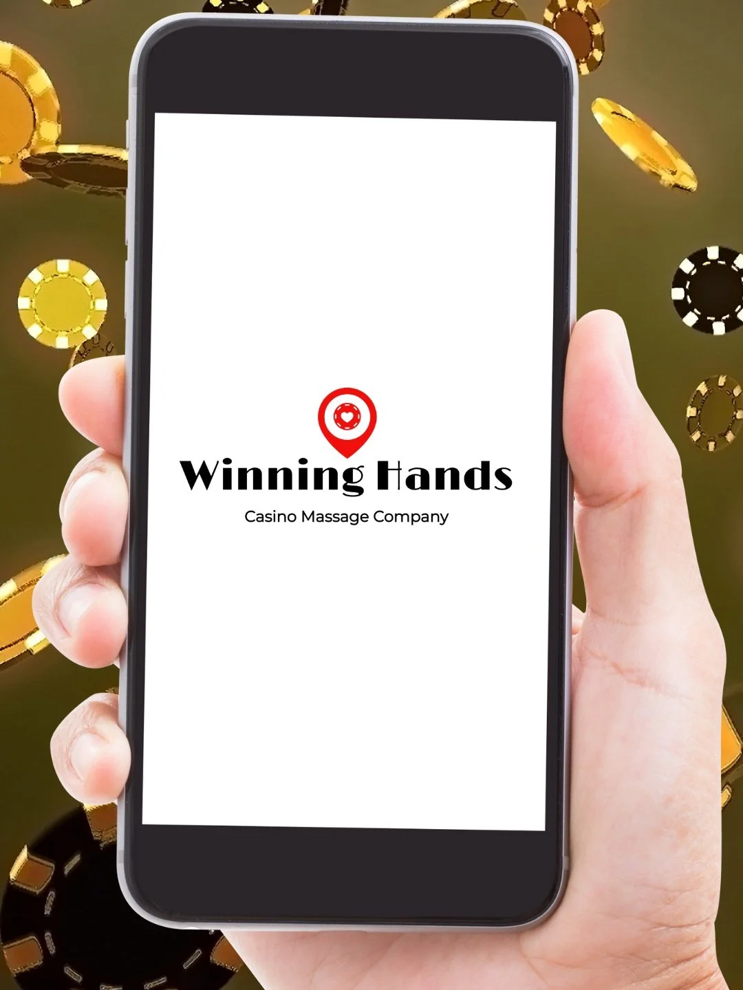 A smartphone screen displays the logo and name of 'Winning Hands Casino Massage Company' against a background of poker chips.
