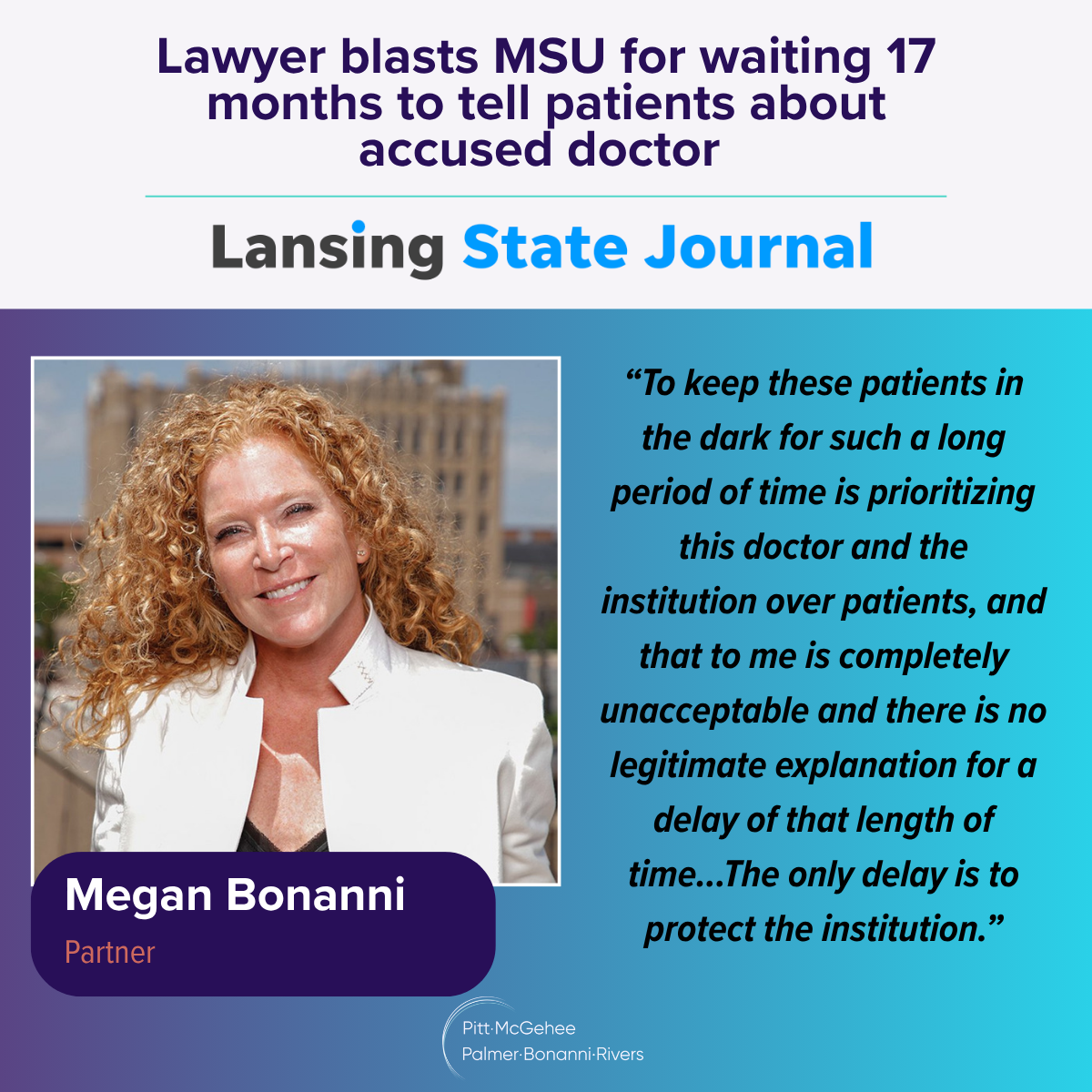 Lansing State Journal Quotes Megan Bonanni on MSU’s 17-Month Delay in Saxena Case&nbsp;