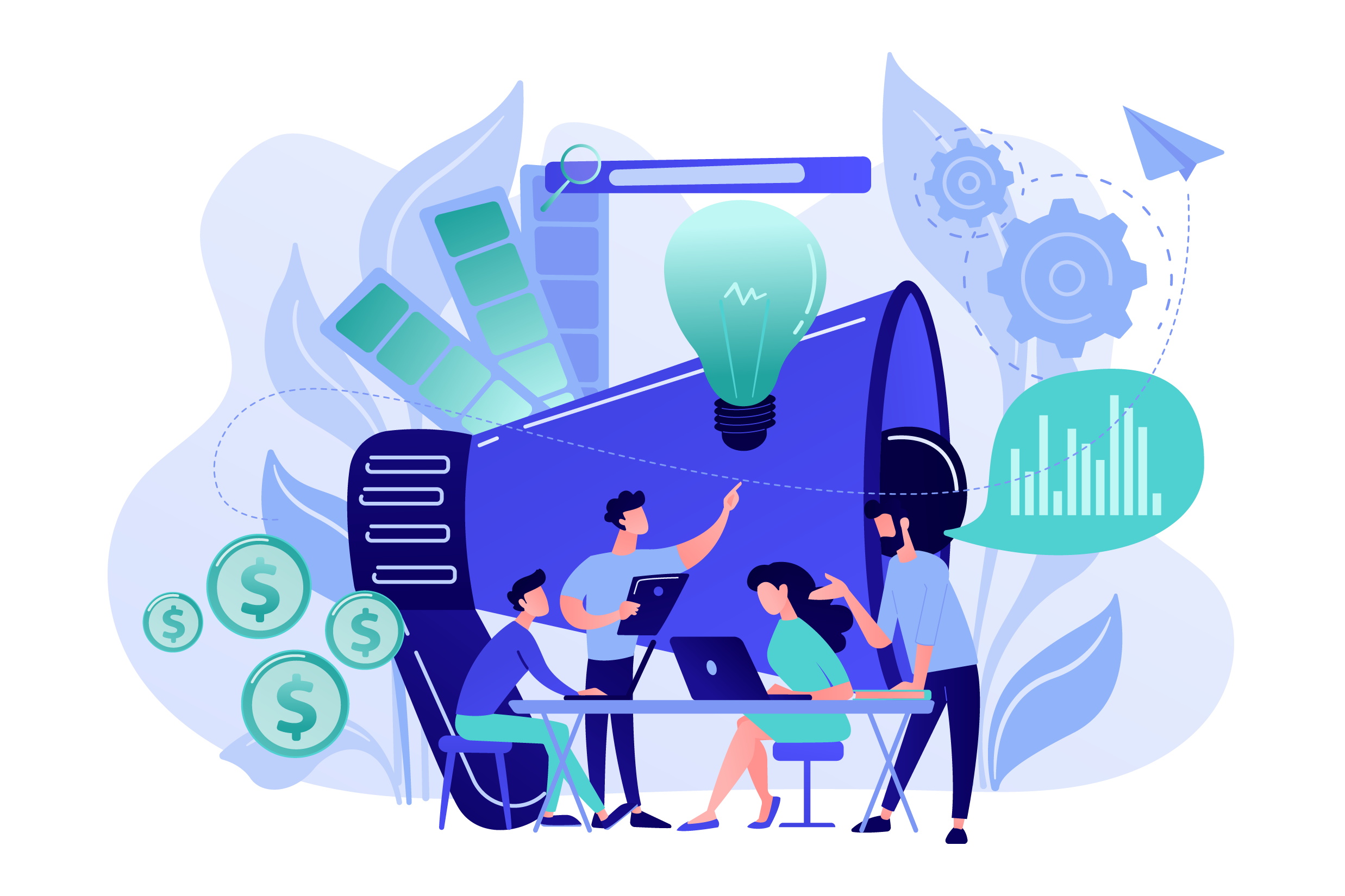 Ilustración de personas trabajando en un proyecto con una gran bocina, ideas de innovación representadas por una bombilla, gráficos de crecimiento, monedas y engranajes.