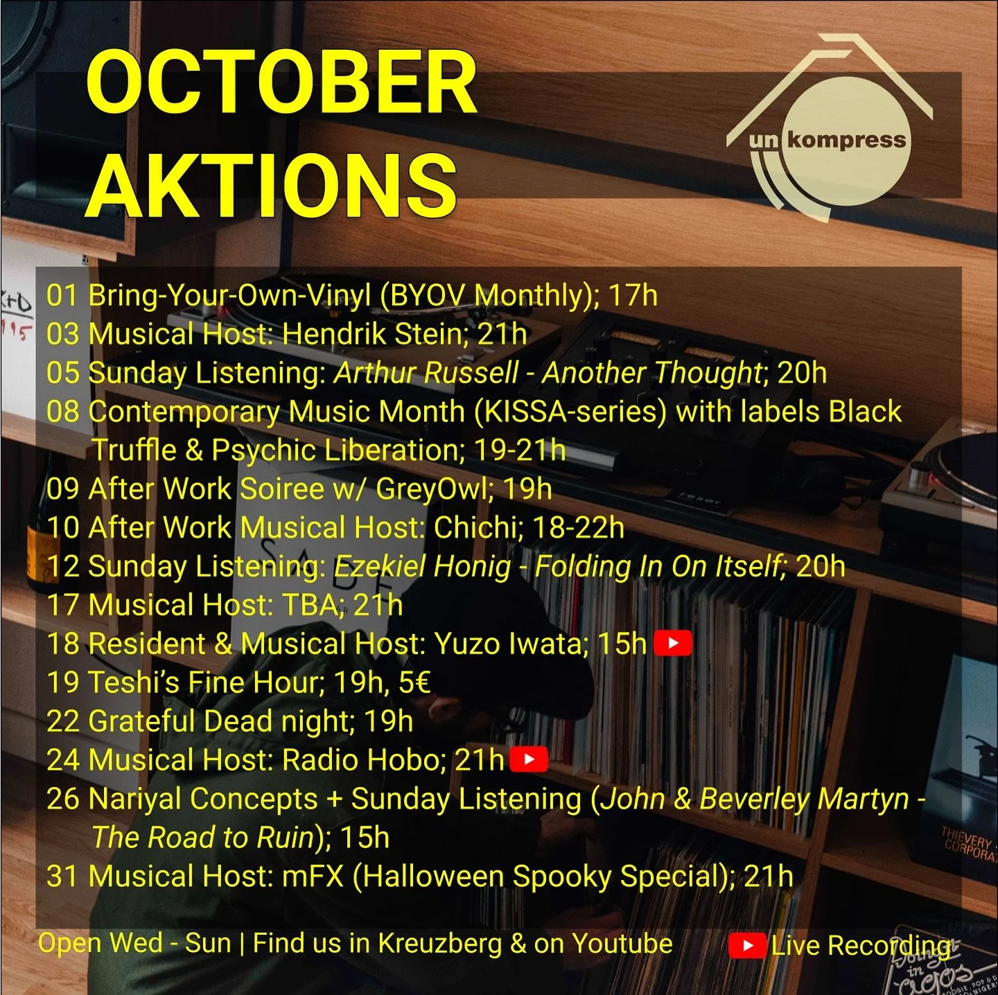✨ October at Unkompress ✨ 
A month of quiet rituals, deep listening, and musical journeys. From our Sunday Listening albums (#ArthurRussell, @ezekielhonig, John &amp; Beverley Martyn) to musical hosts, after work evenings, and even a Grateful Dead ni