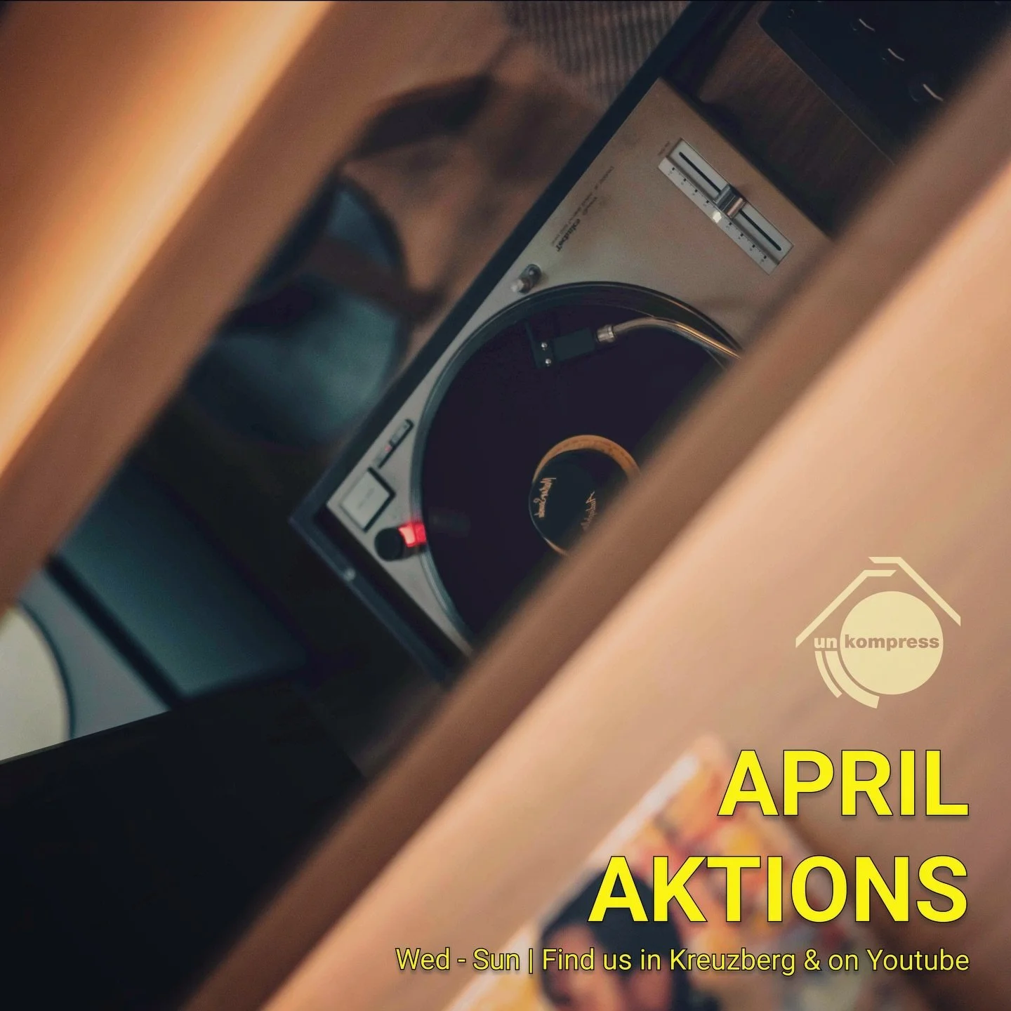 APRIL AT UNKOMPRESS
Deep listening, vinyl hosts, and Sunday albums in full.

Wednesdays &mdash; Deep Dives &amp; Community Nights Genre-focused listening sessions. Bring a record if it fits the theme.

Saturdays &mdash; Selectors &amp; Musical Hosts 