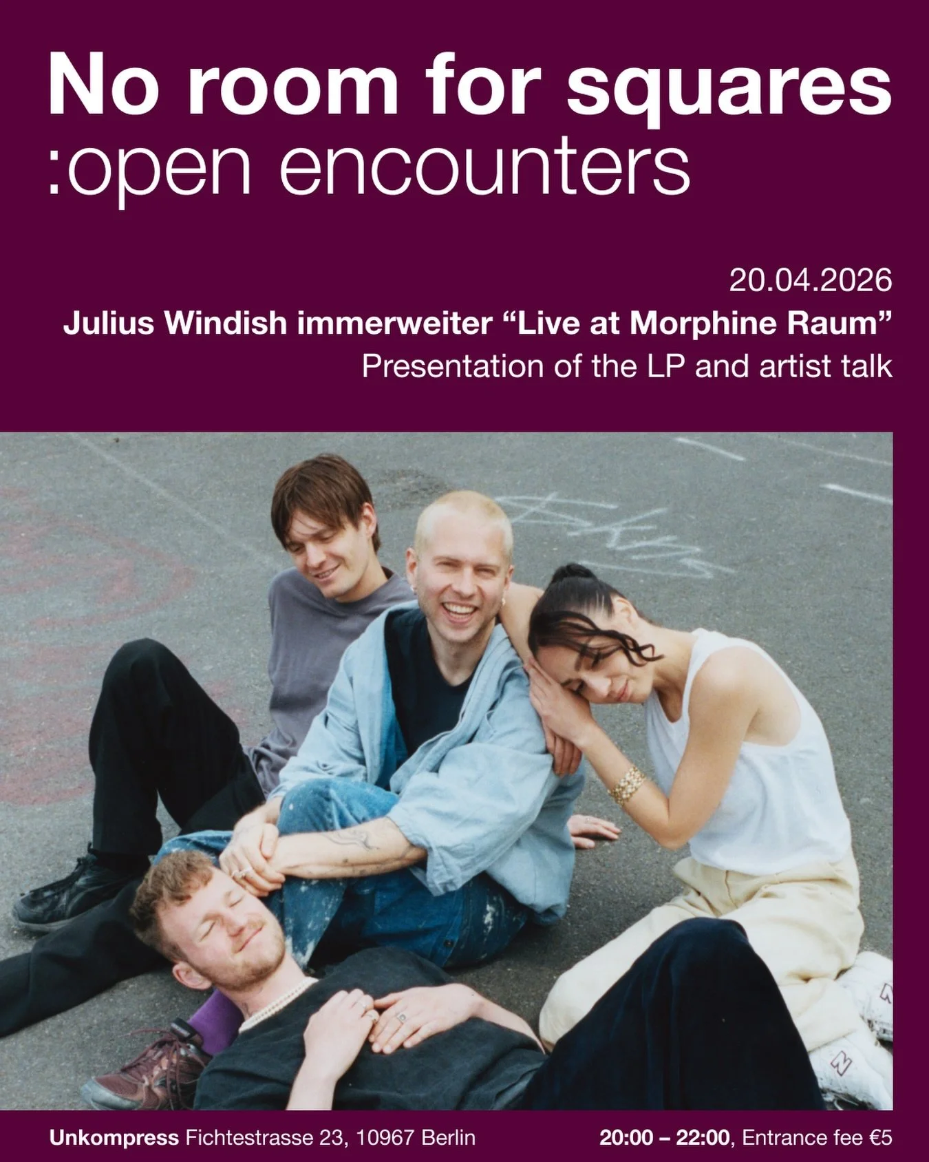 A new start for NRFS: open encounters.

Each edition invites different artists to present their work and answer questions &mdash; hosted at Unkompress listening bar.

&ldquo;I want to write music that reflects life.&rdquo;
&mdash; Julius Windisch

Li
