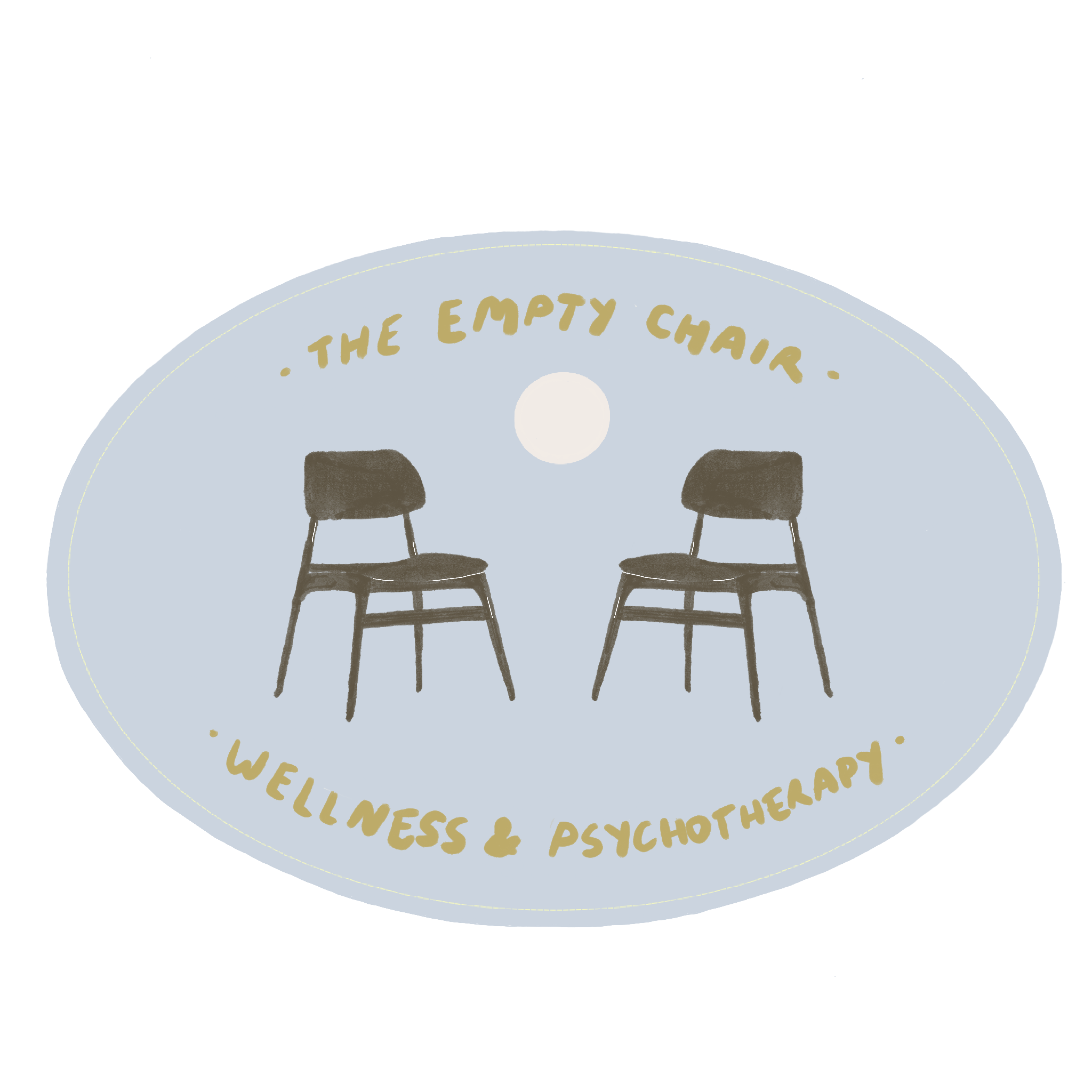 A circular sign with a gray background and beige text that reads, 'The Empty Chair.' The lower part of the sign lists 'Wellness & Psychotherapy' and 'Self-Help'.