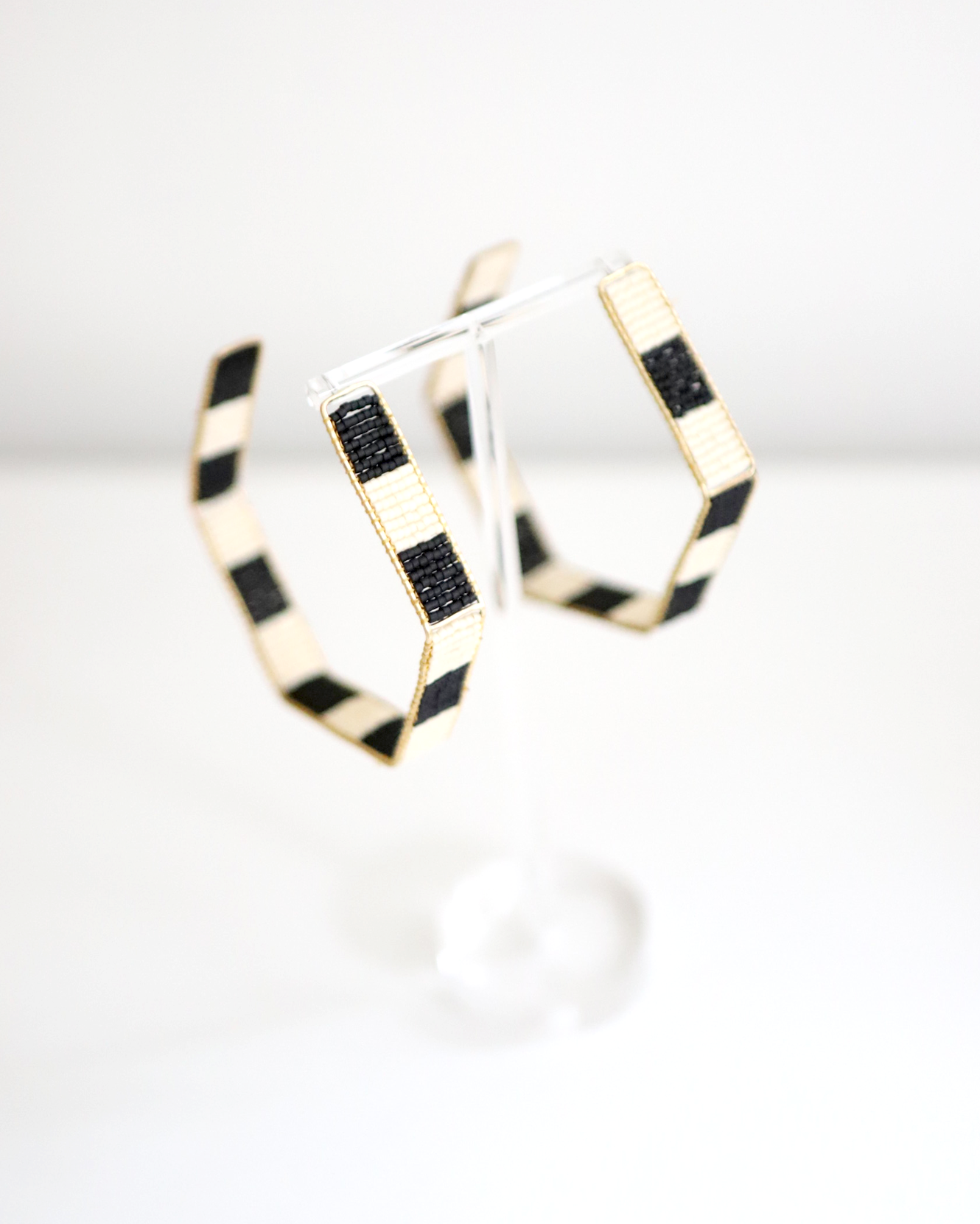 Big Hex Hoops - Black & Cream Stripe
