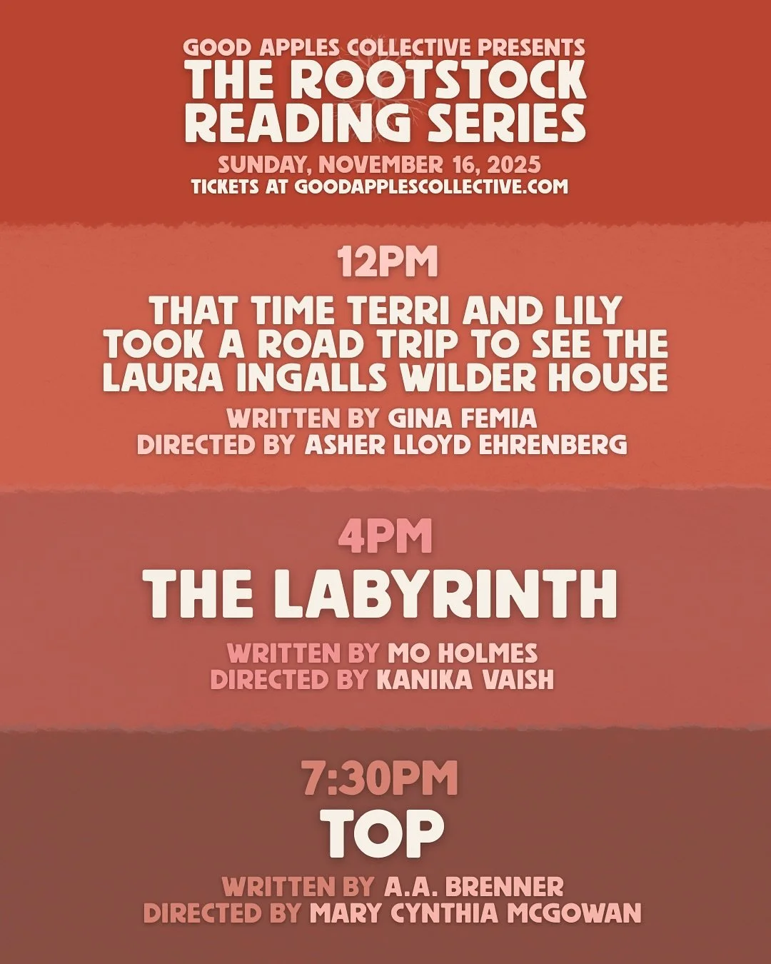 we&rsquo;re thrilled to be announcing our selections for the rootstock reading series! tickets are now live. catch all three readings and make a day of it. reserve your seats and get more info at the link in bio. 🍎