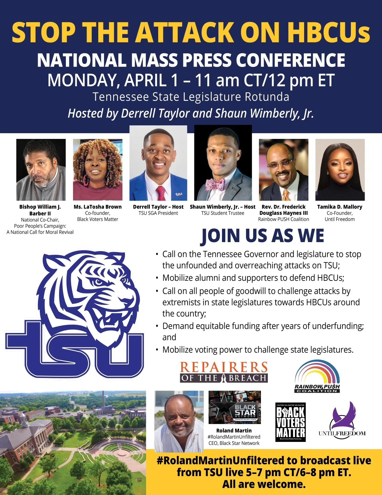 MONDAY 4/1: Tennessee State University Students Host National Faith and Civil Rights Leaders to Sound Alarm About Attacks and Defunding of HBCUs