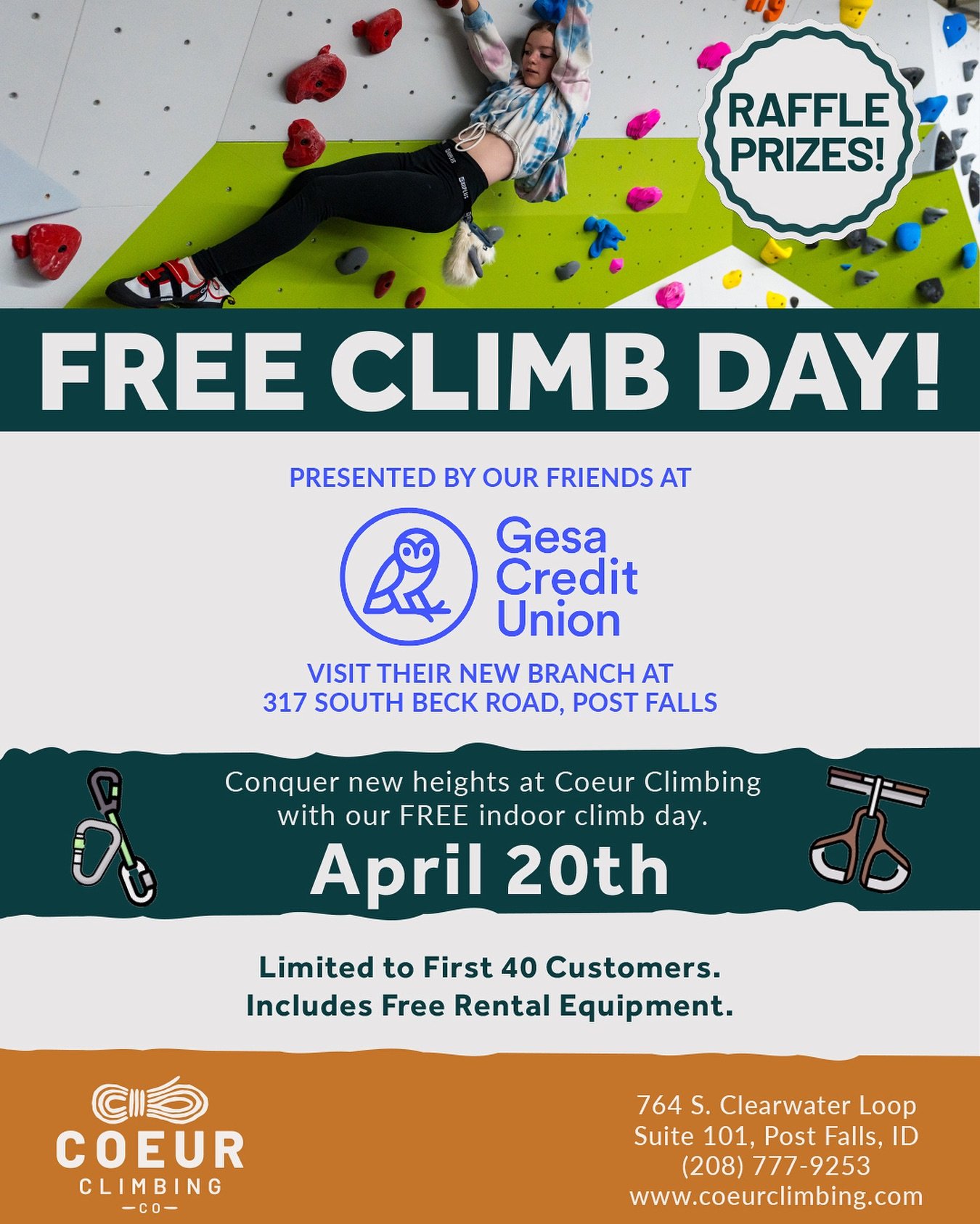 A free climbing day? Oh yes! 
We&rsquo;ve partnered with our friends over at Gesa Credit Union to give the gift of climbing this Saturday April 20th! 

Here&rsquo;s the deal: the first 40 day pass users get in for free with rentals included! Coeur Cl