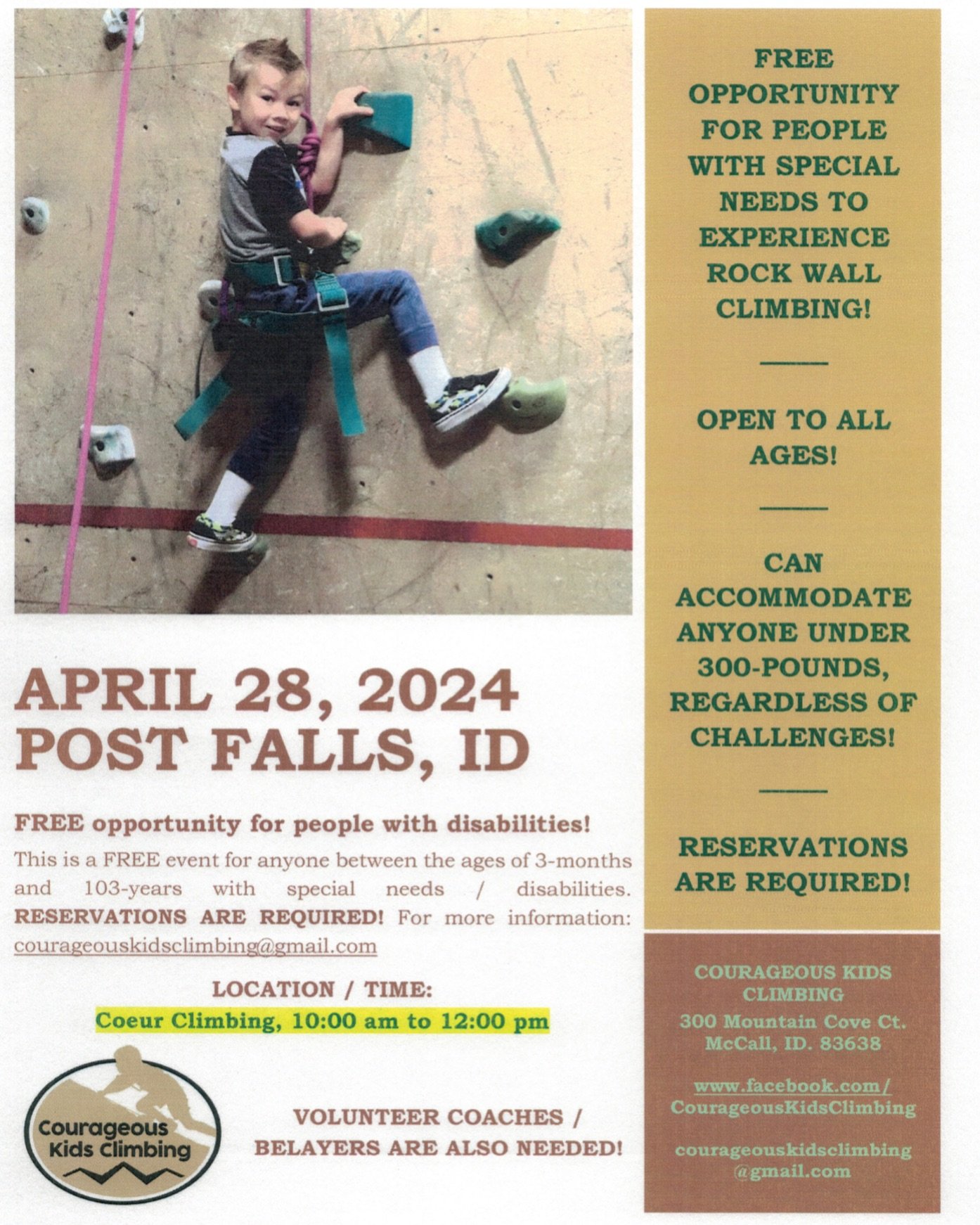 We are helping put on this great event to get kids with disabilities up on the climbing walls! If you know of anyone interested in this event, let them know! There are still spots left for it!