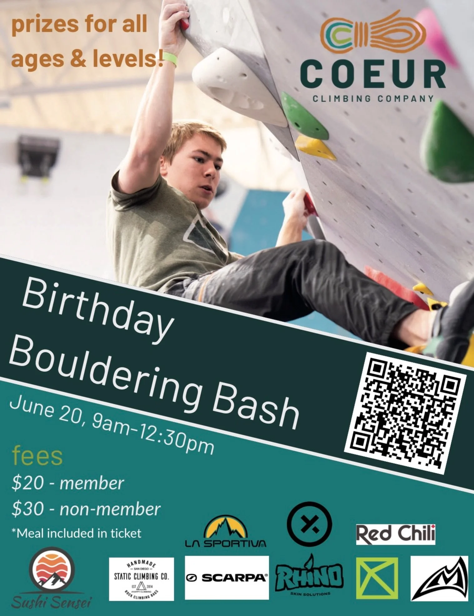 Coeur Climbing is turning three! Join us on Saturday, June 20th to help us celebrate our third anniversary! We&rsquo;ll have taped bouldering comp running from 10am-12:30pm where you can a variety of prizes from our wonderful sponsors! Afterwards we&