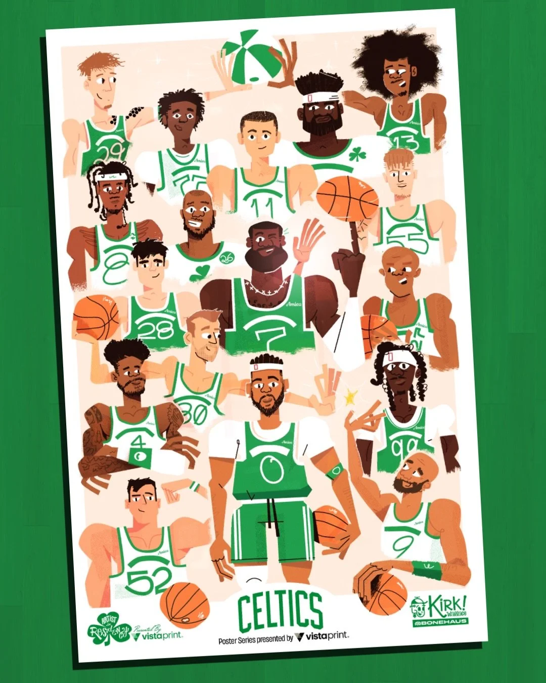 🏀 Poster 1 of @celtics art residency + process 🍀 

I went all out on the first, drawing alll 17 of the Celtics team.
Good news? No real need for an intricate composition. Bad news? It&rsquo;s like a puzzle trying to fit everyone together!

Super fu