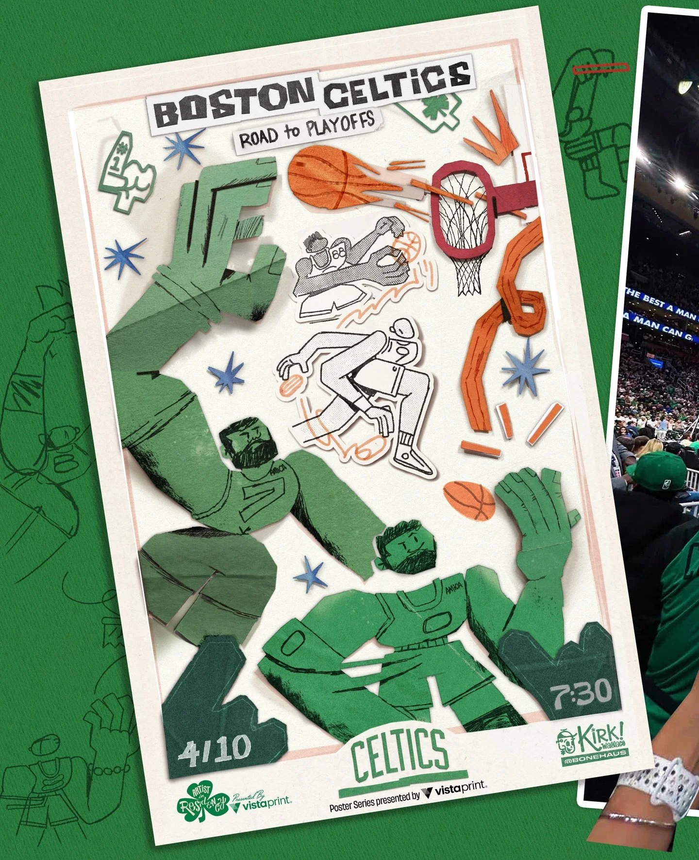 Poster6 for @celtics and @vistaprint tonight. 
Hurrying a post to get it out on game night but swipe for some of the process. 

More on this soon but I decided to try out paper collage for this one and am super happy with the process. 

What a blast 