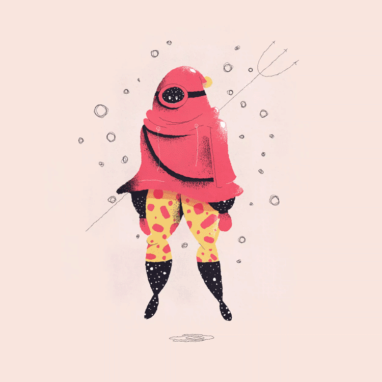 Animated character with a red hooded cloak and abstract yellow and black patterned legs, holding a trident with bubbles floating around.