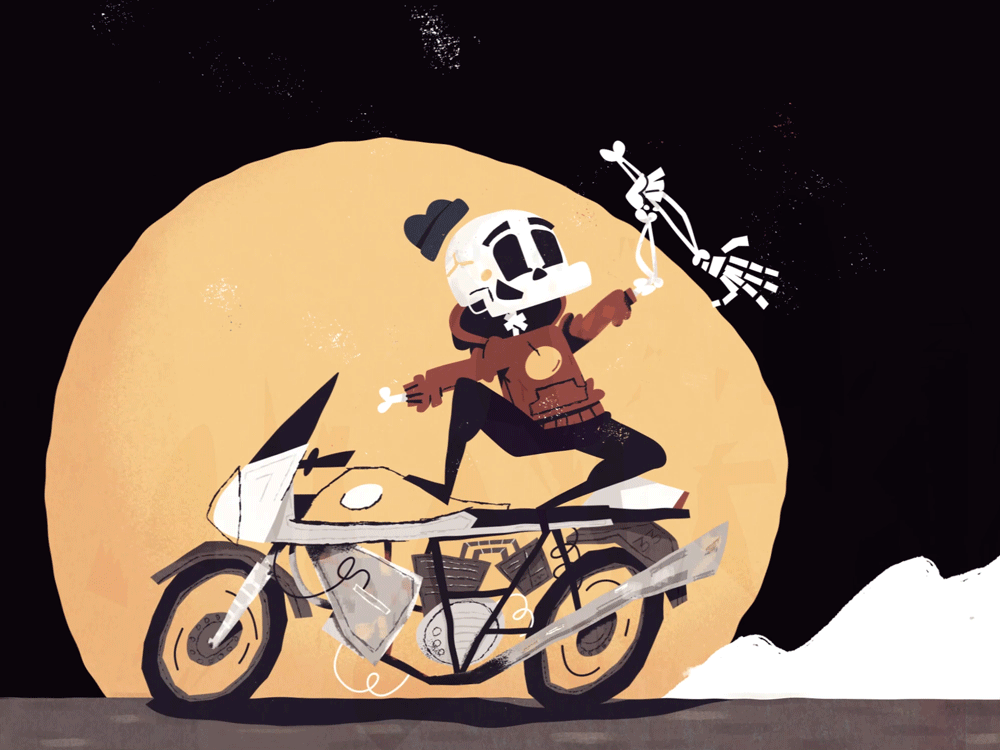 Cartoon character with skeleton face on motorcycle in front of moon, waving bone hand.