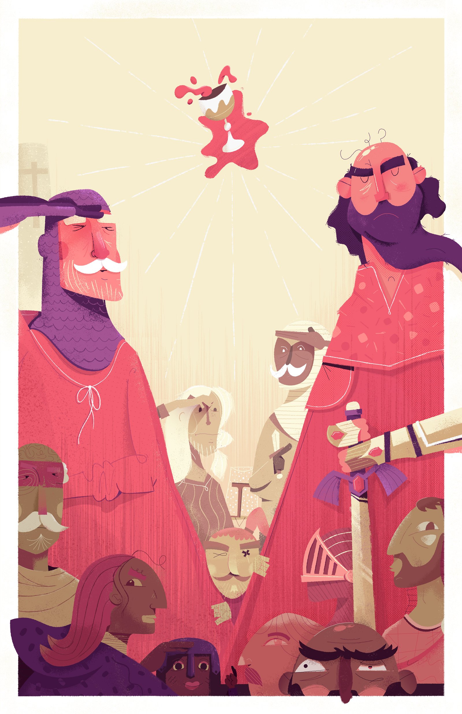 Illustration of diverse medieval characters looking up at a floating goblet.
