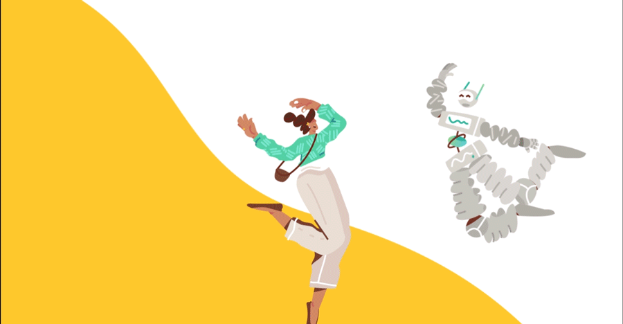 Illustration of a person dancing alongside a robot in a playful pose on a yellow and white background.
