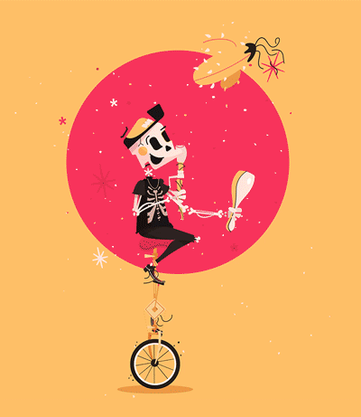 Cartoon skeleton unicyclist juggling