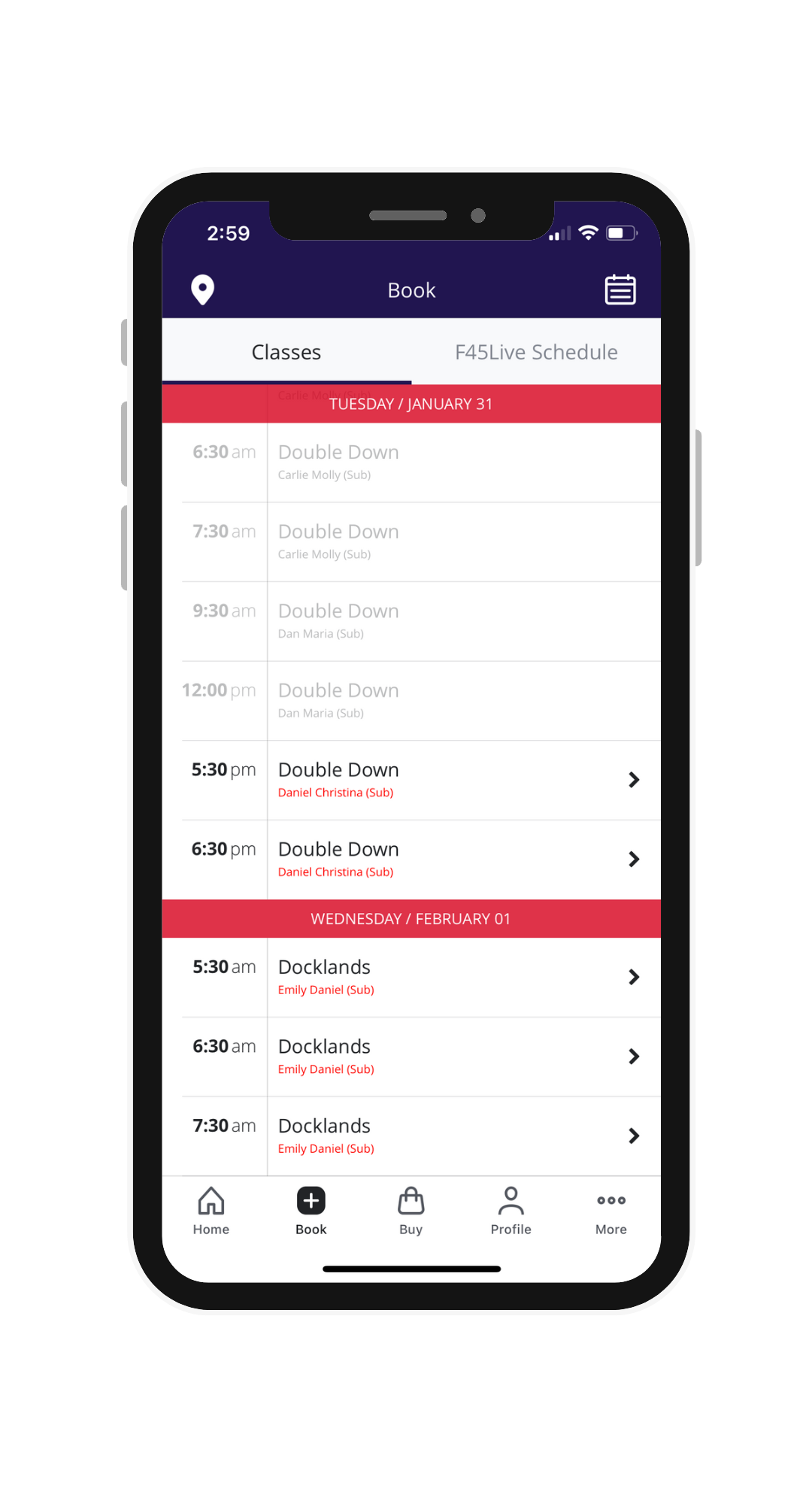 Gym app booking screen