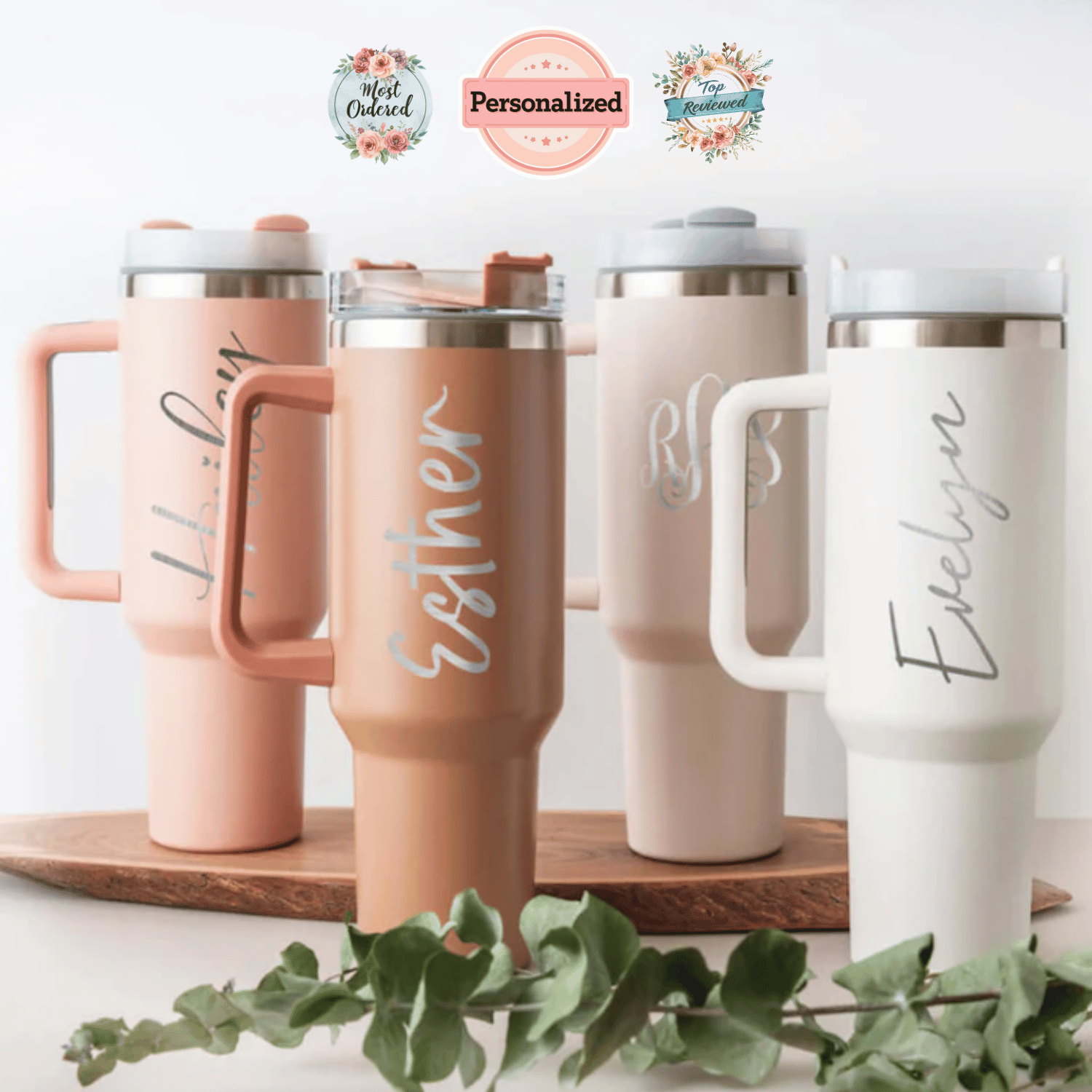 Personalized Stainless Steel Tumbler with Handle, Lid & Straw