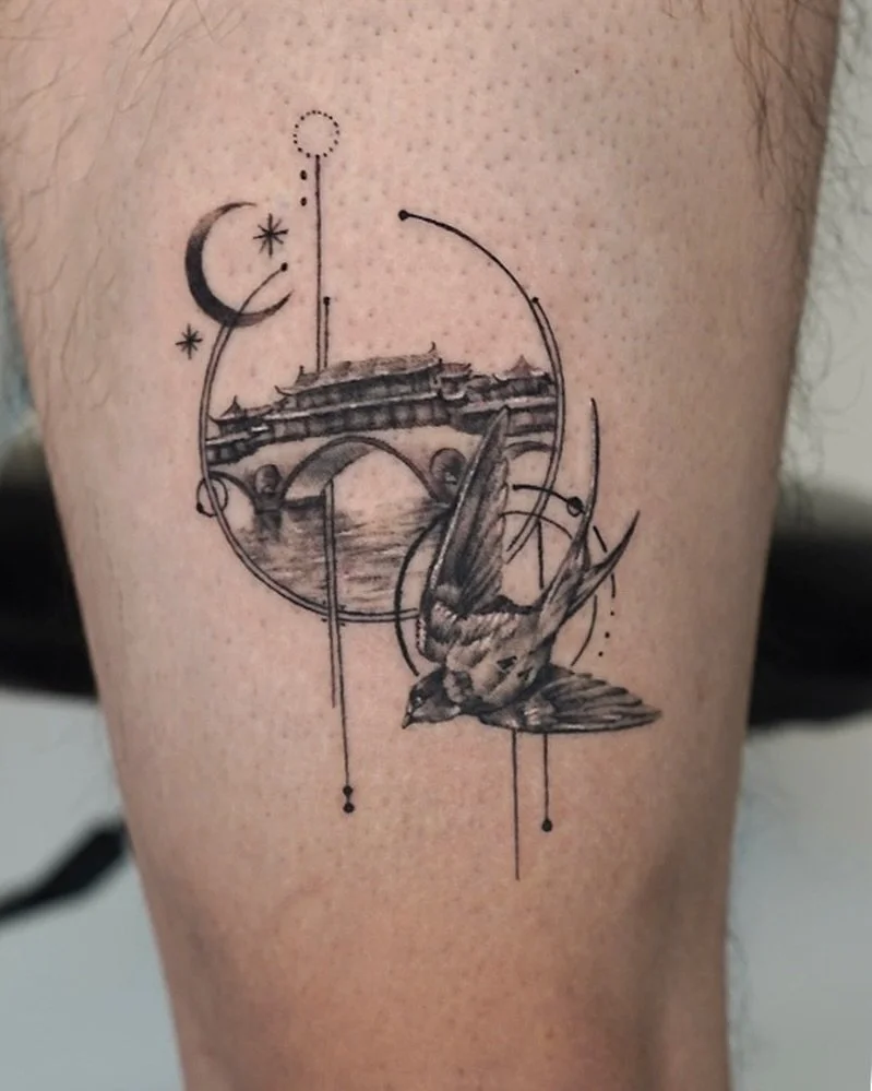Sparrow with Chinese architecture ⛩️
Artist: @eccc.ink 
________________________________________________
[At Off the Ground Ink, we bring your tattoo ideas to life! 💭 For bookings and inquiries, reach out to us by email at offthegroundink@gmail]