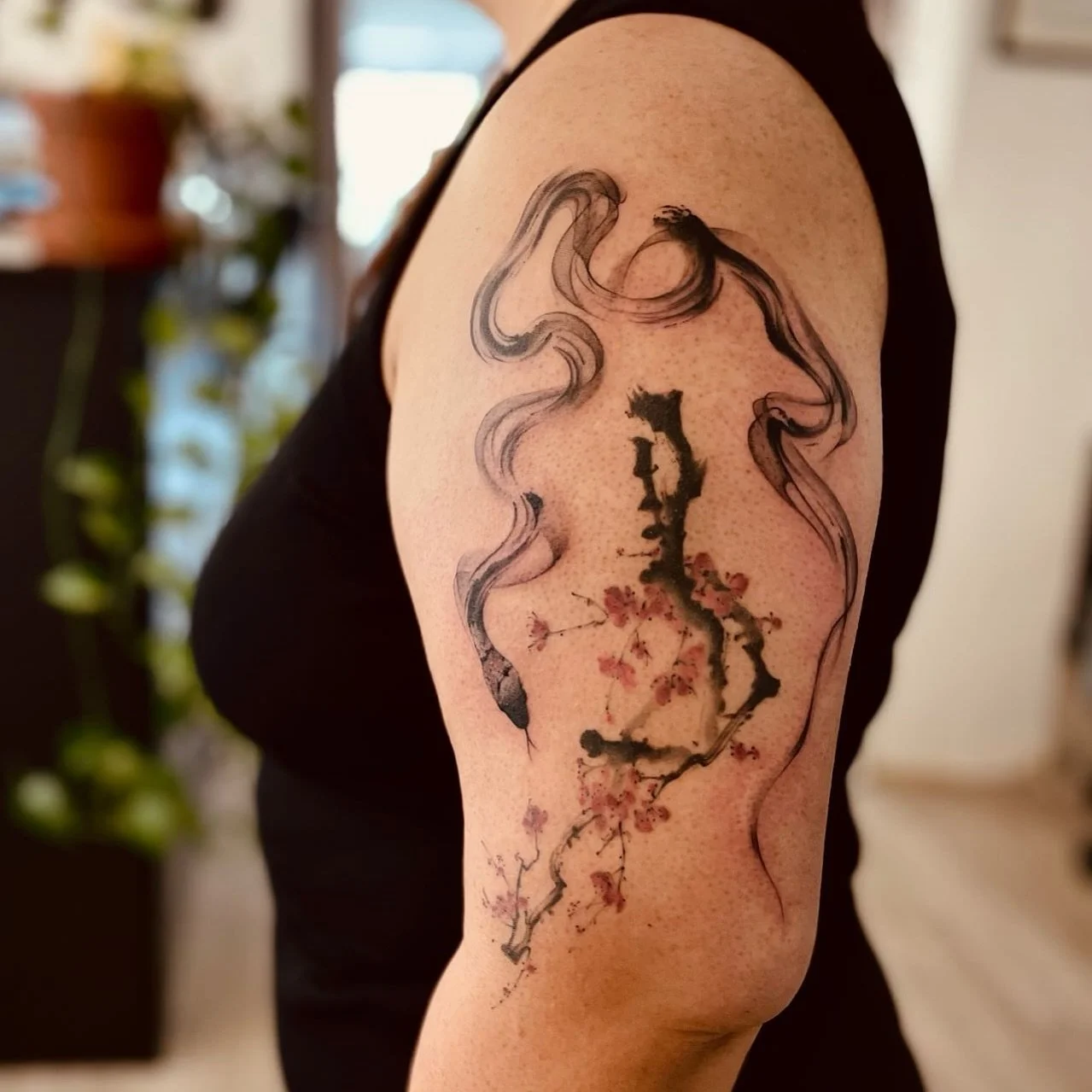 Snake with plum blossom 🐍 
Artist: @n1co_tattoo 
________________________________________________
[At Off the Ground Ink, we bring your tattoo ideas to life! 💭 For bookings and inquiries, reach out to us by email at offthegroundink@gmail.com]