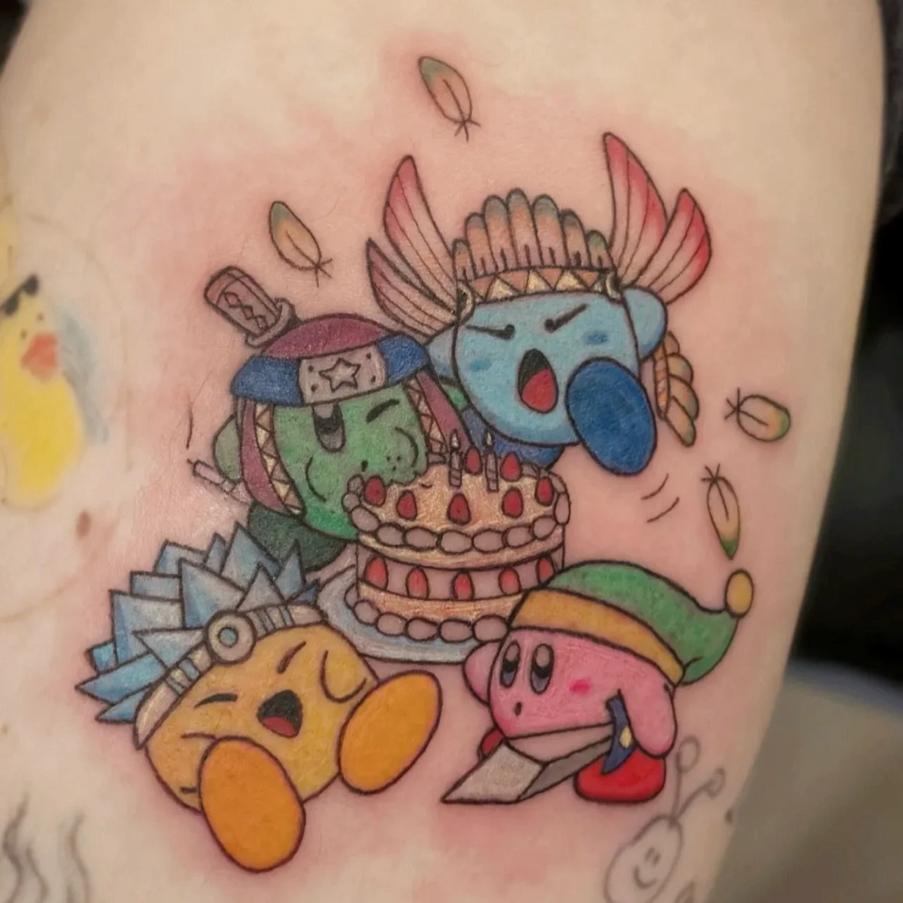 Kirby&rsquo;s party 🎊 
Artist: @kaldrae.ink 
________________________________________________
[At Off the Ground Ink, we bring your tattoo ideas to life! 💭 For bookings and inquiries, reach out to us by email at offthegroundink@gmail.com]