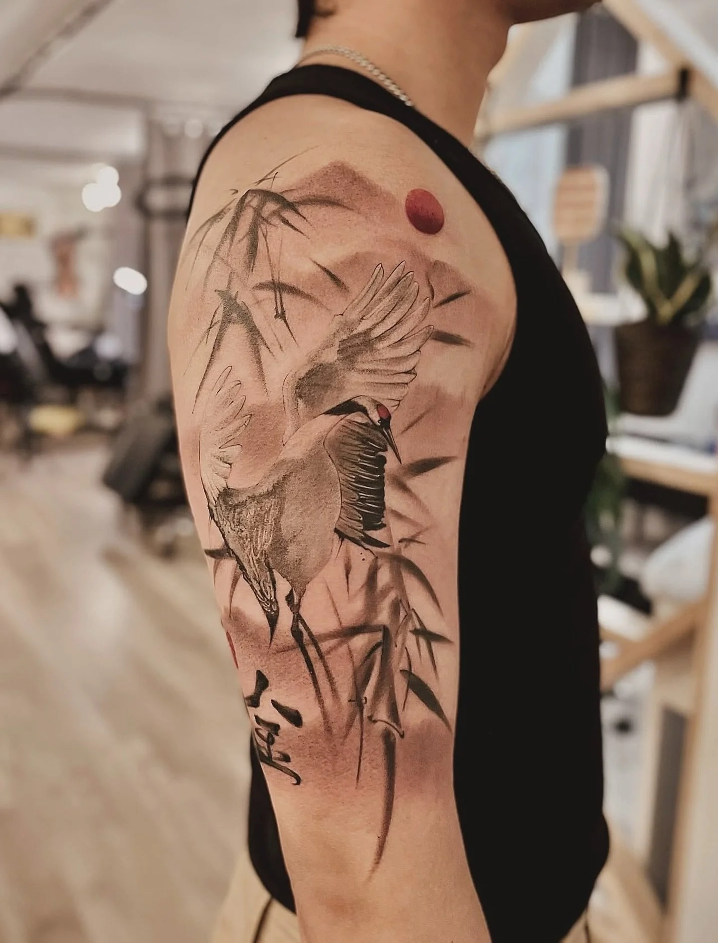 Brush stroke crane with bamboos 🎋
Artist: @n1co_tattoo 
________________________________________________
[At Off the Ground Ink, we bring your tattoo ideas to life! 💭 For bookings and inquiries, reach out to us by email at offthegroundink@gmail.com