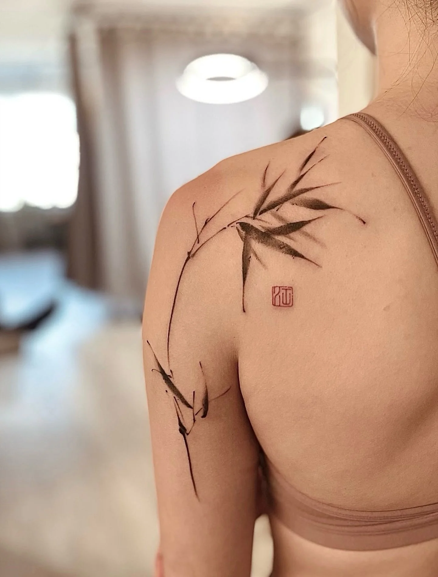 Brush style bamboo stick with red seal 🎋
Artist: @n1co_tattoo 
________________________________________________
[At Off the Ground Ink, we bring your tattoo ideas to life! 💭 For bookings and inquiries, reach out to us by email at offthegroundink@gm