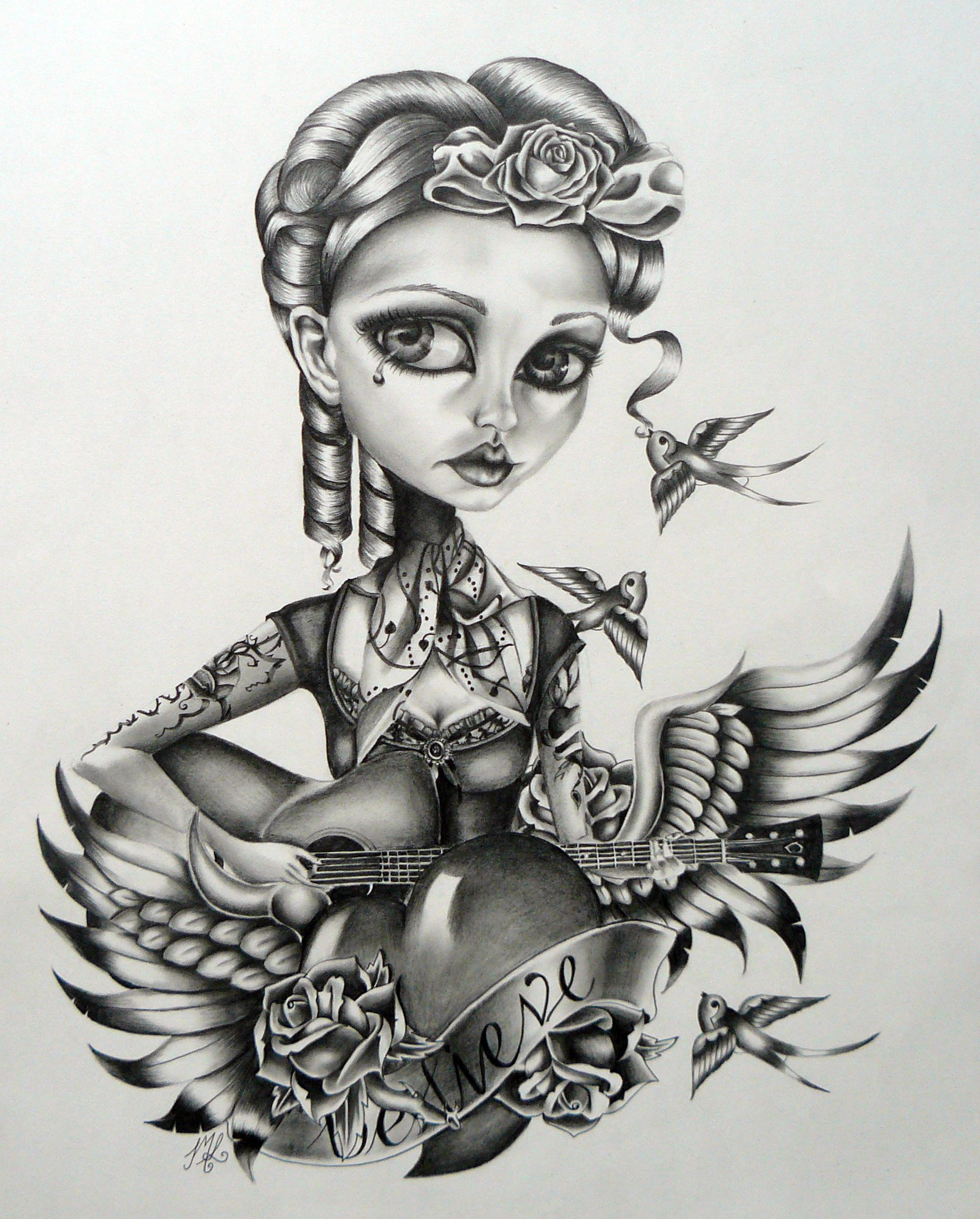 Stylised pencil drawing resembling tattoo designs of a girl playing a guitar.