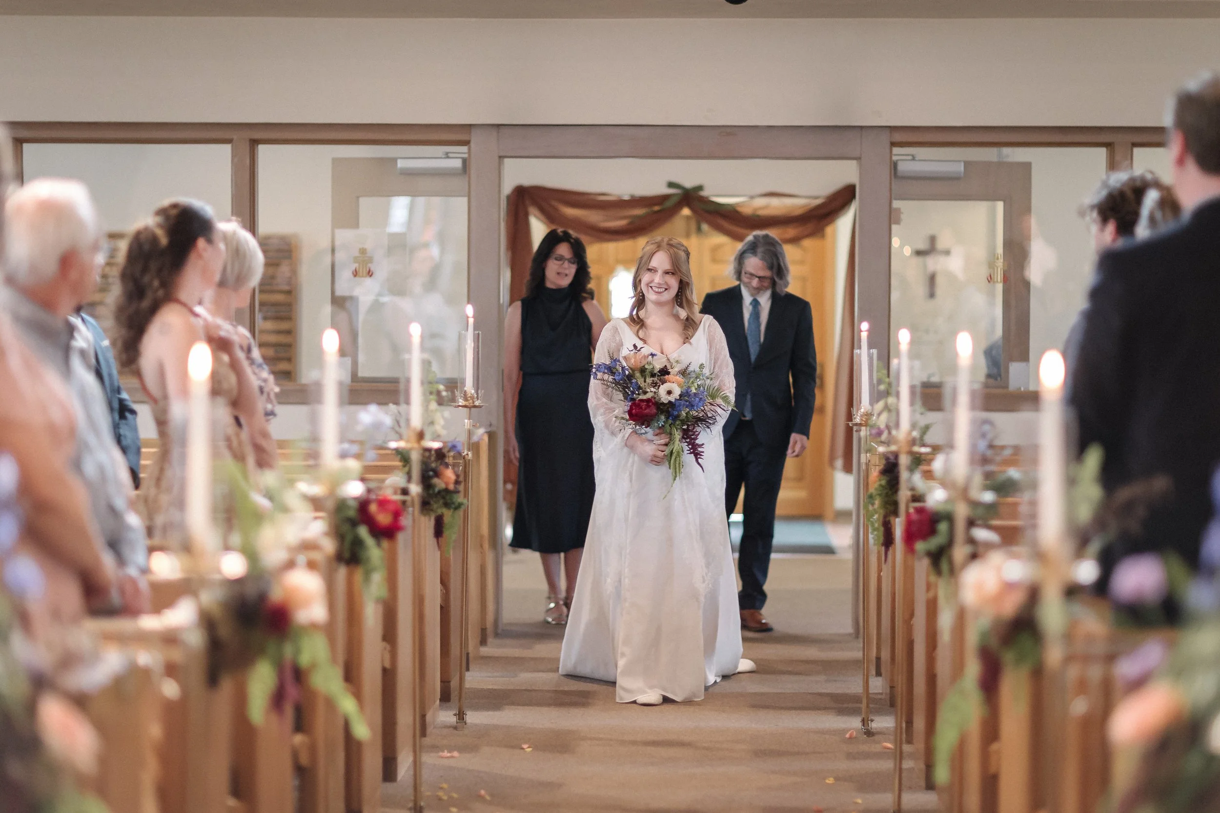   Bride walking down the aisle at Lake Forest Park Presbyterian Church    