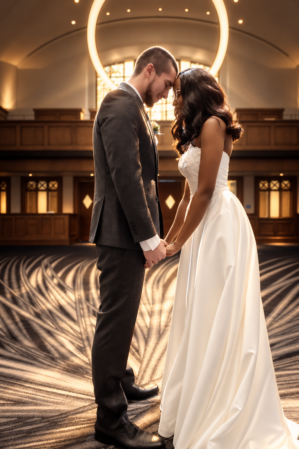  Bride and groom embracing after their Lotte Hotel first look 