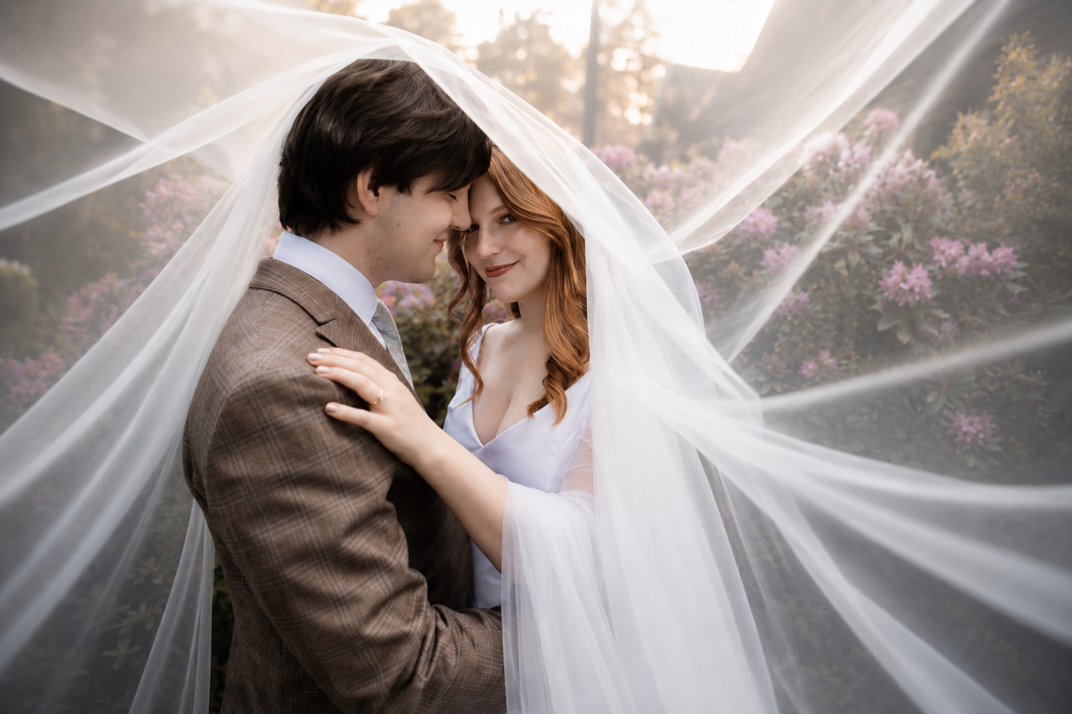 bride and groom under vail shoot