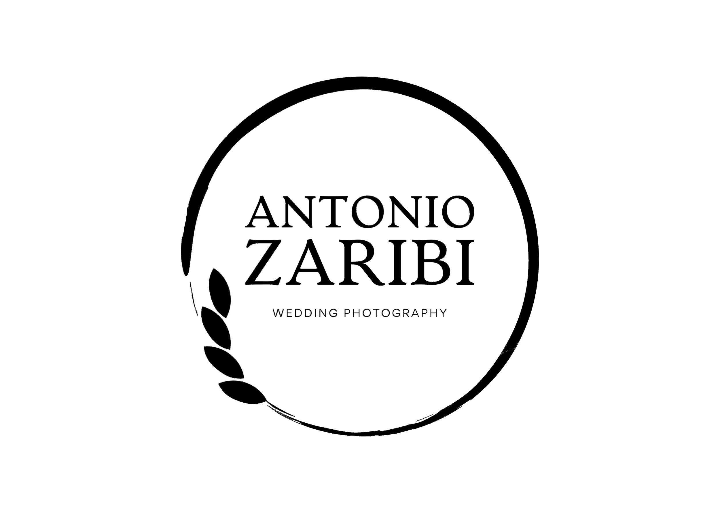 Logo of Antonio Zaribi Wedding Photography with a circular design and decorative leaves around the text.