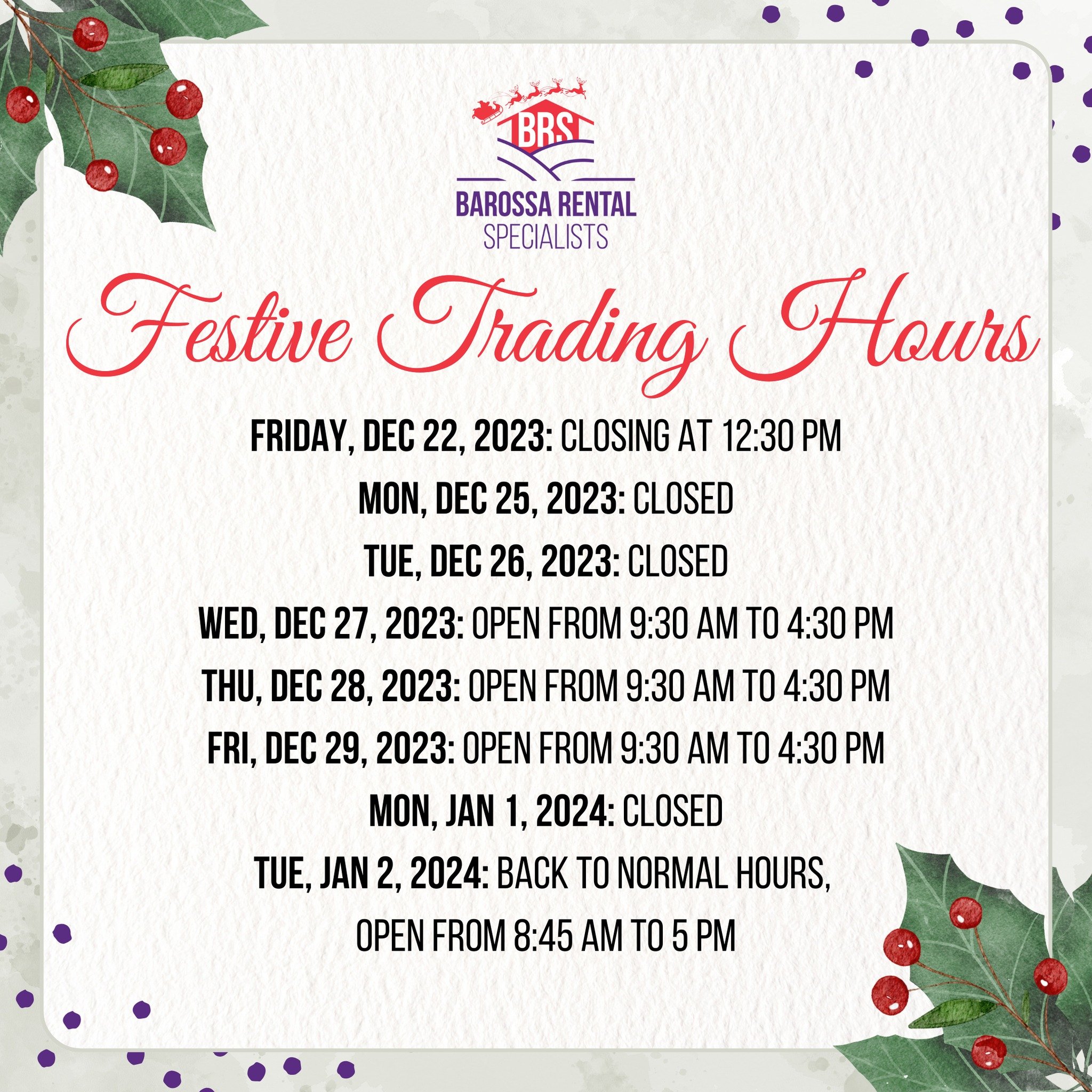 As the festive season draws near, our trading hours will have a slight change. Wishing you a joyful and healthy holiday season!

#BRS #tradinghours