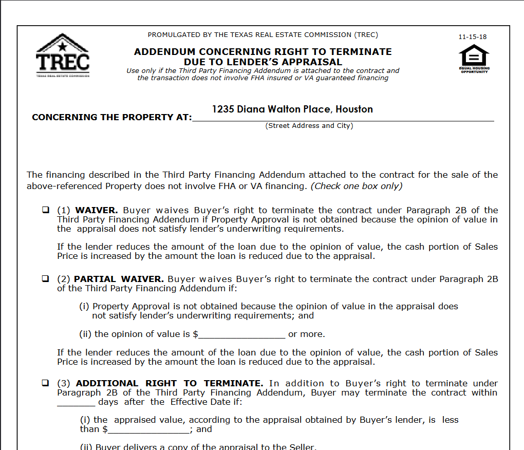 First Time Home buyers Right to Terminate Due to Lender's Appraisal