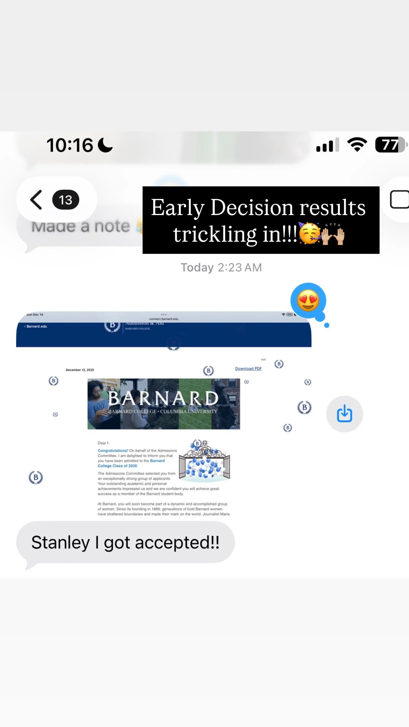Barnard Early Decision 1 Admit