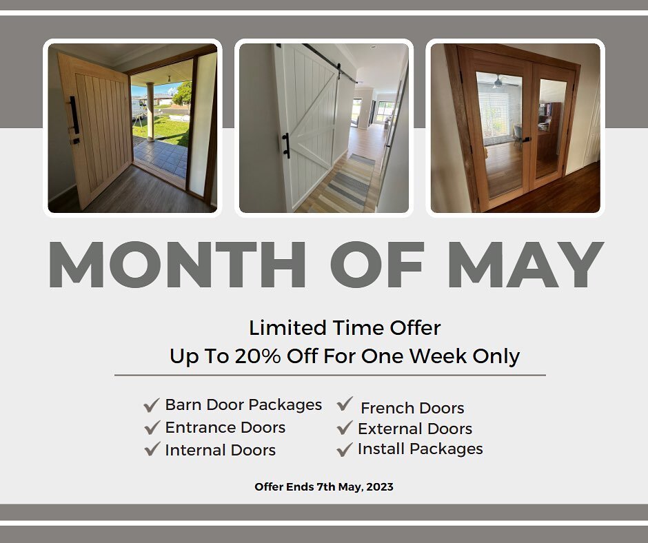 LIMITED TIME OFFER 🎉

For one week only! Get up to 20% off selected door &amp; installation packages, whether it&rsquo;s a front door, barn door or french doors, it&rsquo;s all up to 20% off for the first week of May only!

Spots are limited, so get