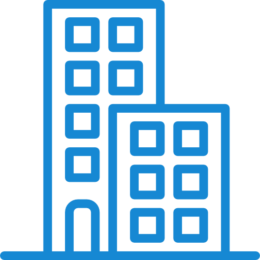 Icon of two blue office buildings with multiple windows on a black background.