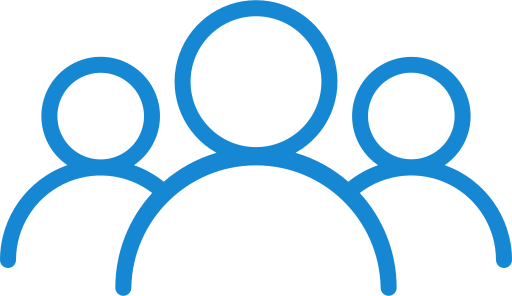 Icon of three people with one in the foreground and two in the background, stylized in blue outline.
