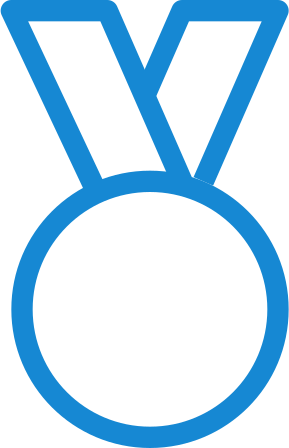 A stylized illustration of a medal or award ribbon in blue and black. The medal is circular with a V-shaped ribbon at the top.