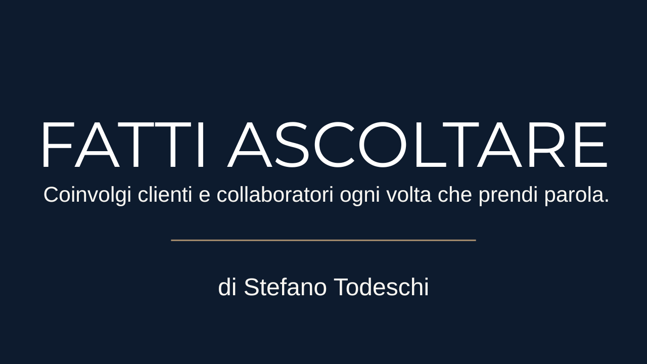 Copertina di un video corso masterclass intitolato "Fatti ascoltare" di Stefano Todeschi, con una foto dell'autore, 2025, evidenziando l'importanza di ascoltare le proprie parole e idee.