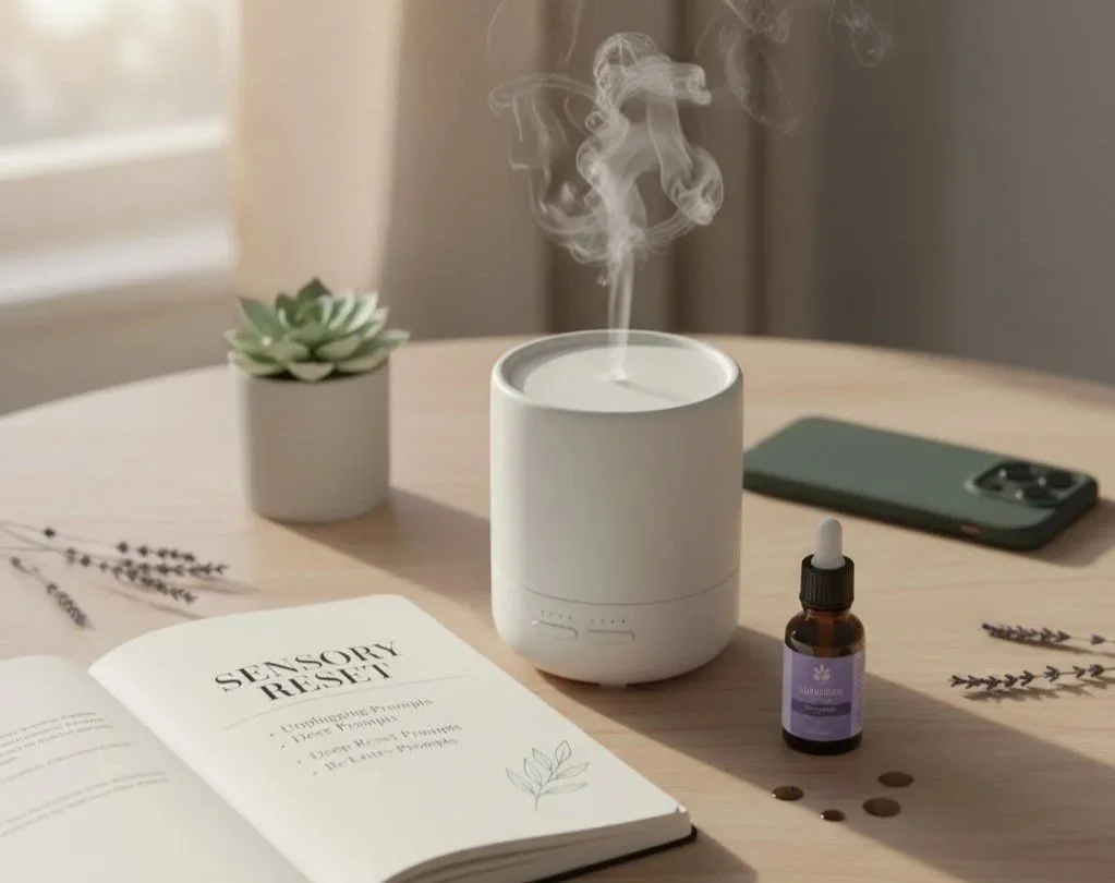 A white essential oil diffuser emitting mist, with an open journal titled 'Sensory Reset,' a green potted succulent, a small amber dropper bottle, an open book, a smartphone, and small dark drops on a wooden table.