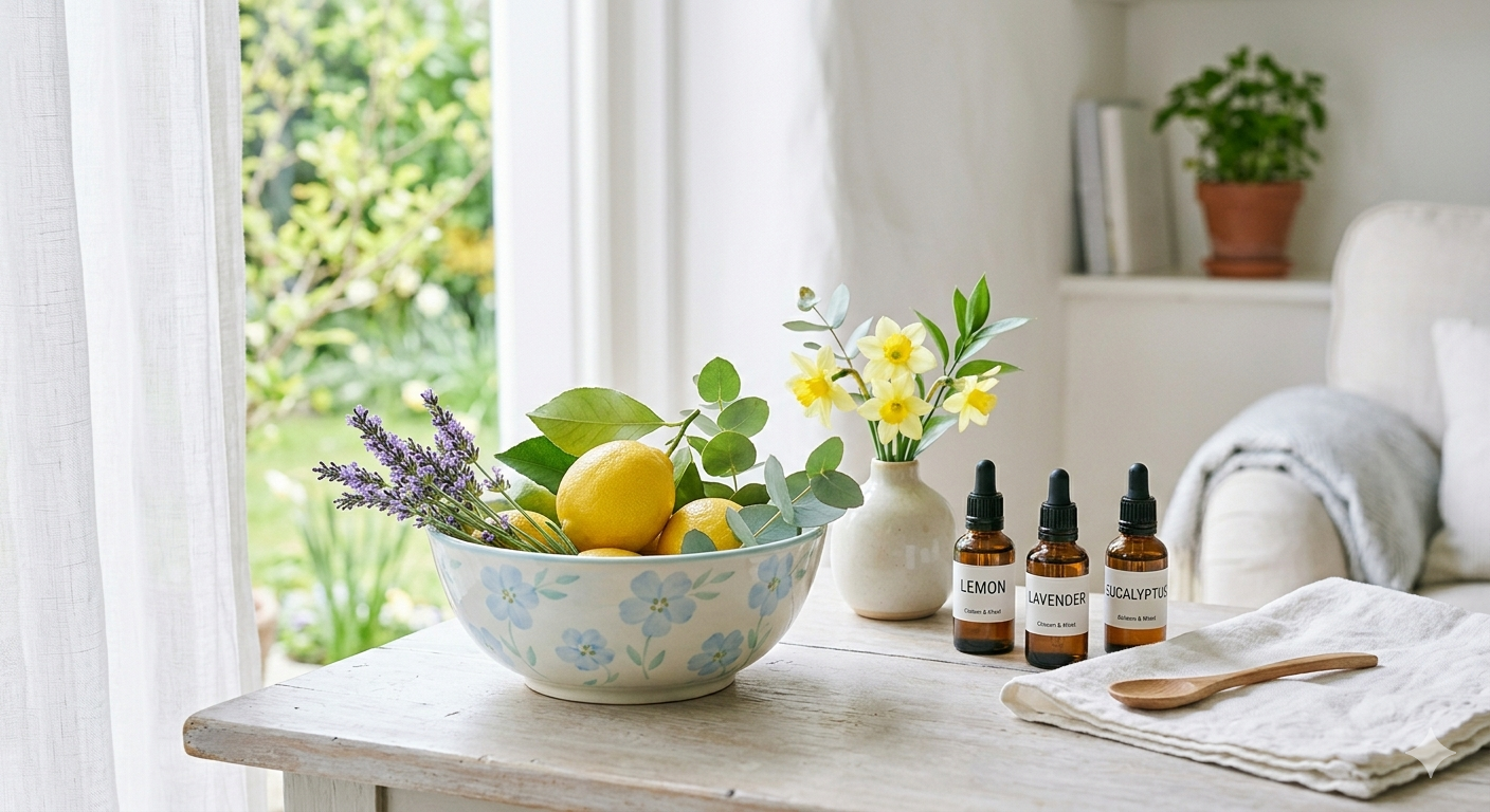 a bowl of lemons and lavender in a bright, spring themed room