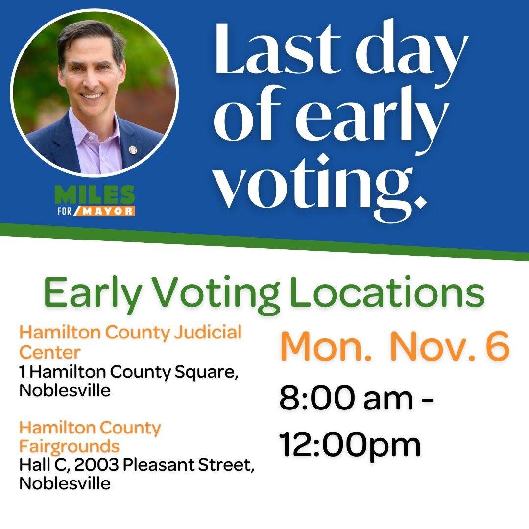 Today is the last day to early vote.  If you're unable to vote tomorrow, you can vote until noon today. 

#Miles4Mayor #KeepCarmelMovingForward