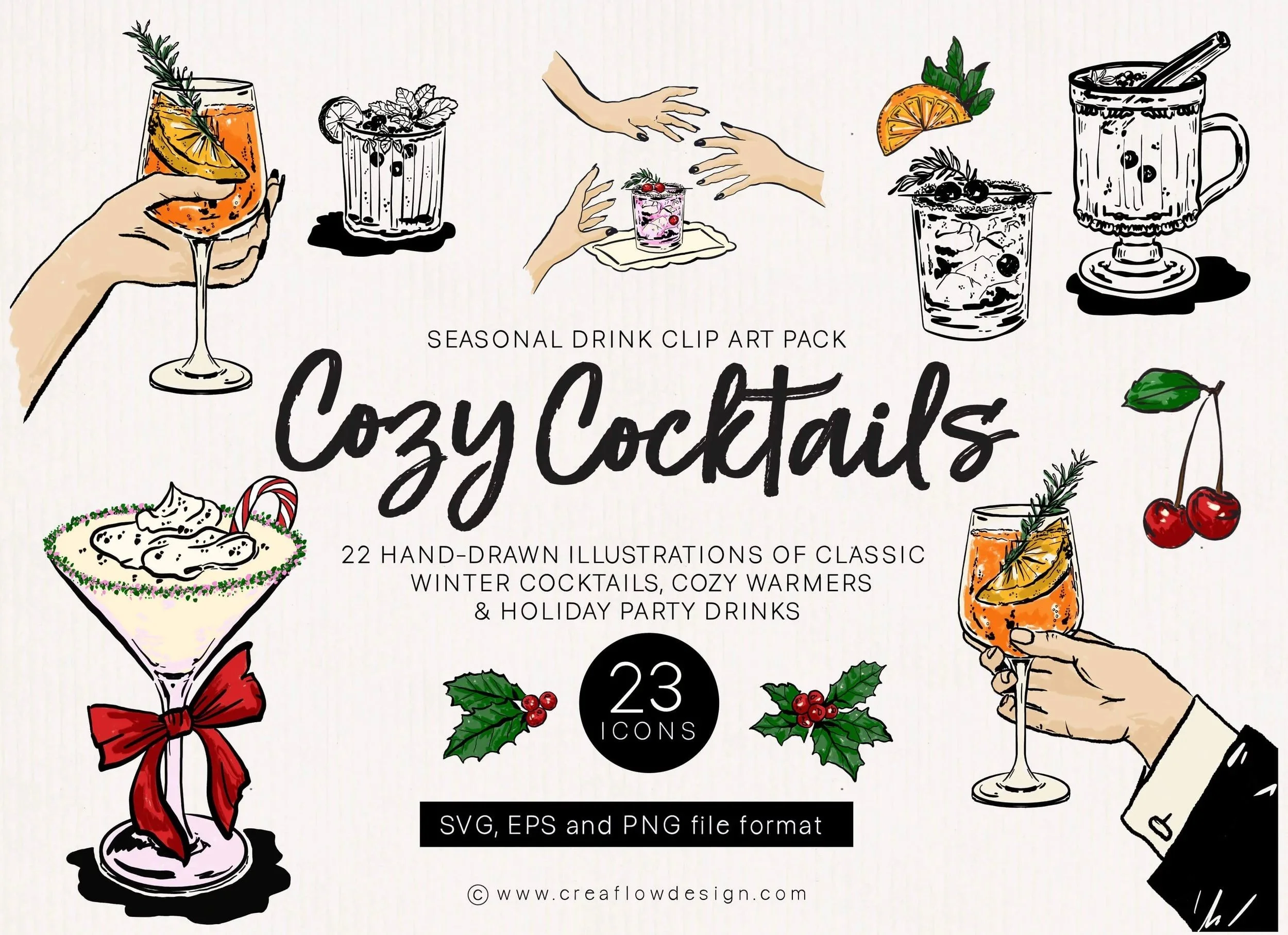 Crea Flow Design_Cozy Cocktails Clipart pack. Seasonal drink clip art pack featuring 22 hand-drawn illustrations for classic winter cocktails, cozy warmers and holiday party drinks. Clip art pack sold on https://creaflowdesign.etsy.com