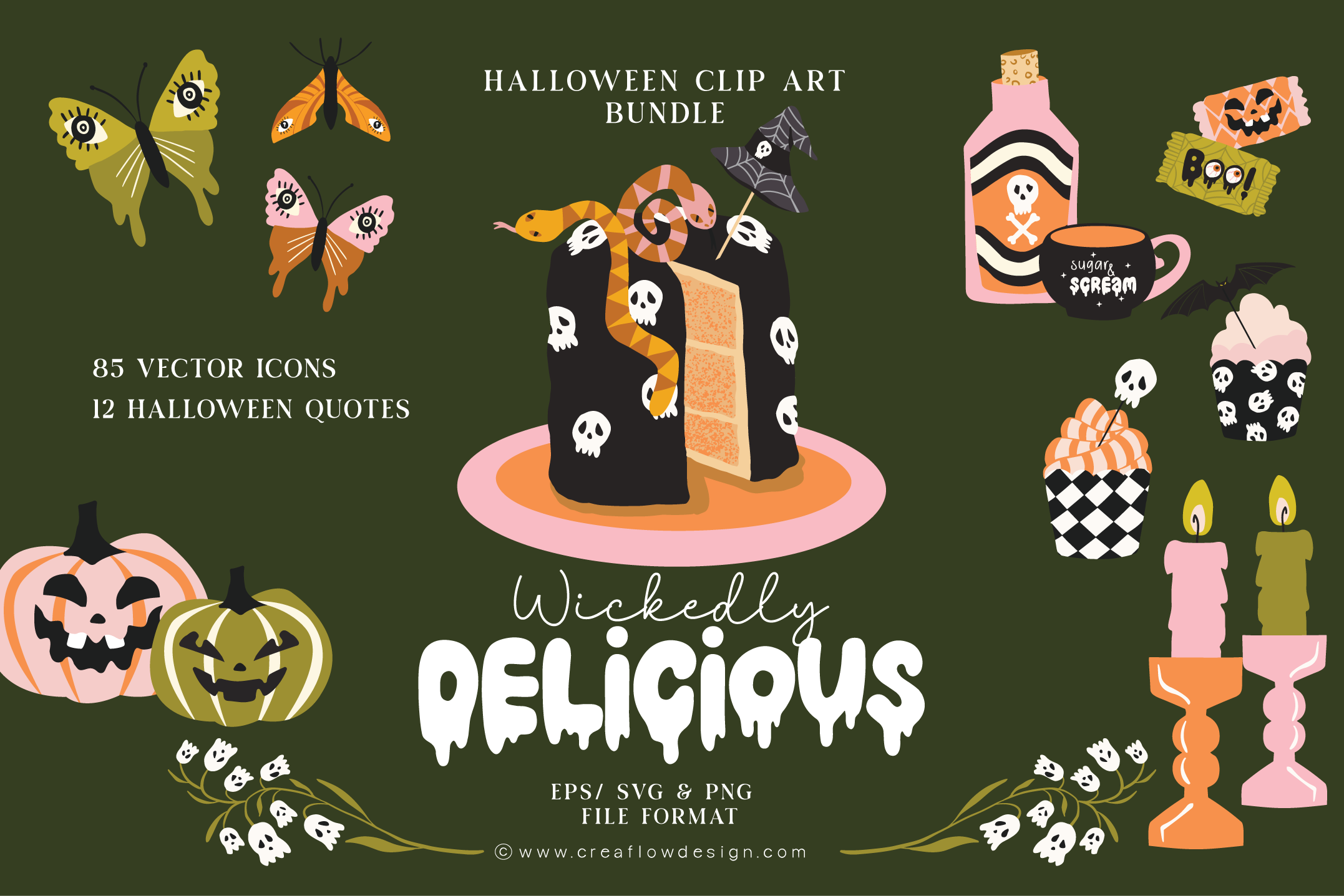 Wickedly Delicious Halloween clip art pack, including over 90 halloween theme cake and dessert clip art elements. Sold by https://creaflowdesign.etsy.com