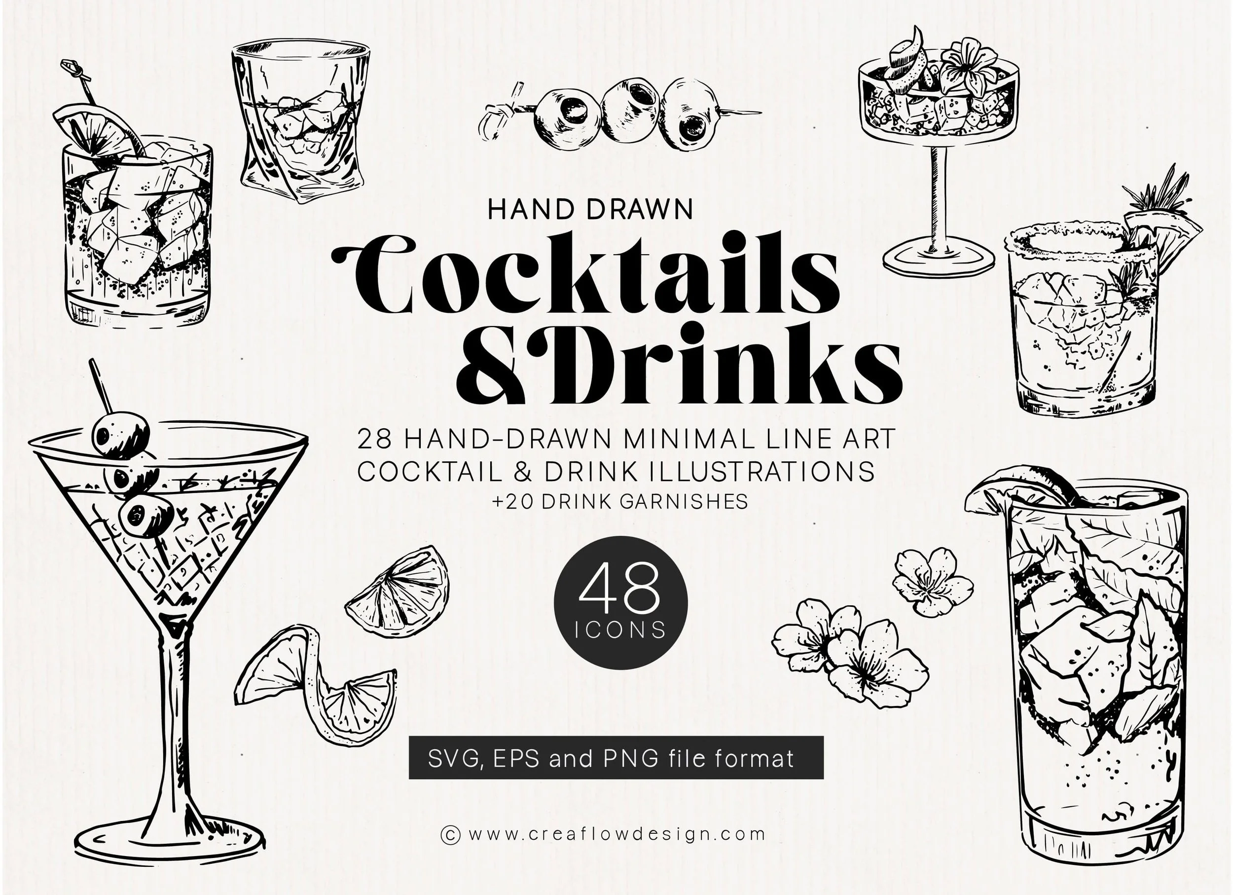 Hand-drawn black and white illustrations of various cocktails and drinks, with lemons, limes, cherries, and flowers, surrounding the text "Hand Drawn Cocktails & Drinks," indicating it is a collection of 48 icons of cocktail and drink illustrations.