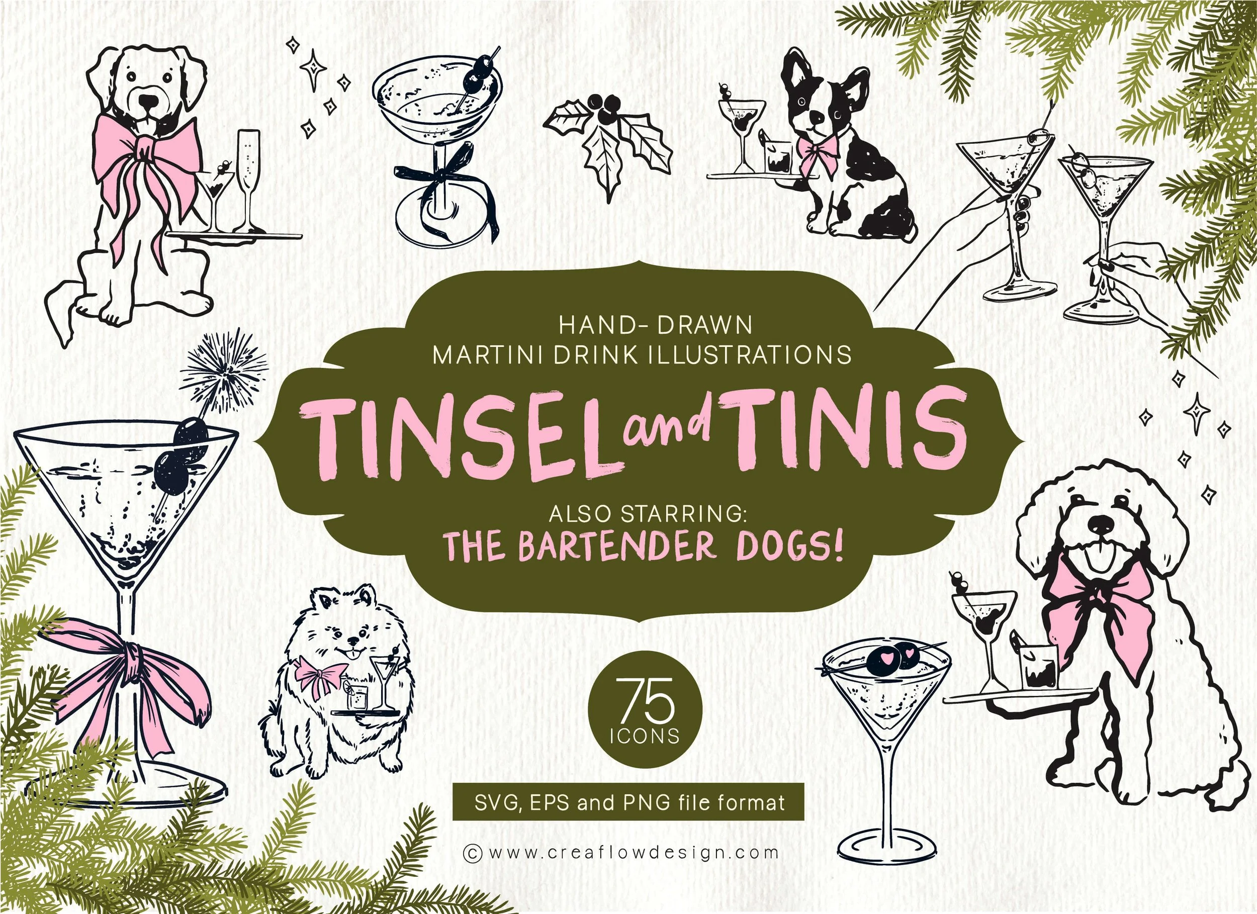 `Tinsel and Tini´s Bartender dogs clip art pack, including 75 hand-drawn illustrations of cute dogs and festive christmas drinks. Created and sold by https://creaflowdesign.etsy.com