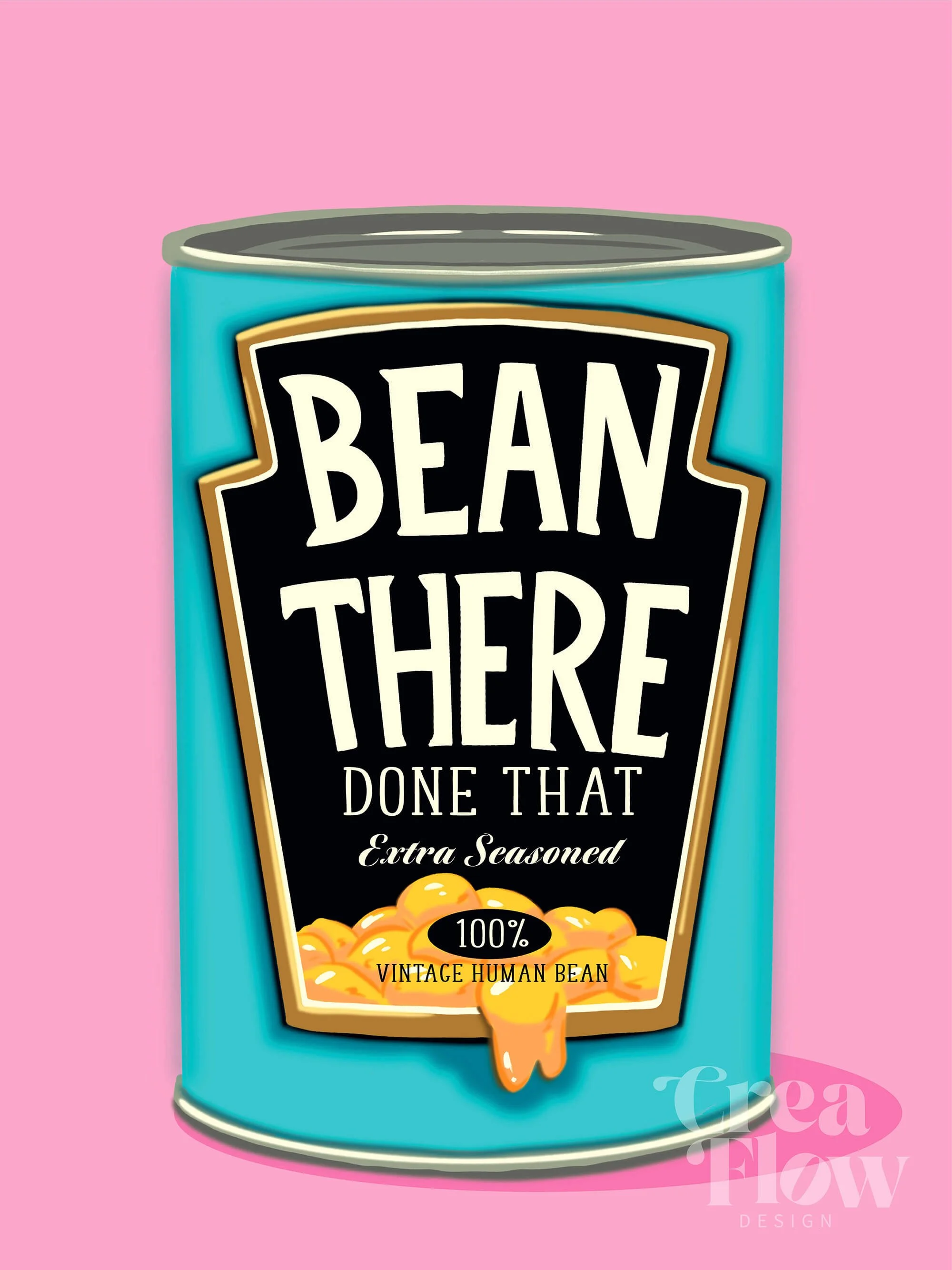 Colorful, hand drawn "Bean There Done That" Kitchen wall art print by Crea Flow Design